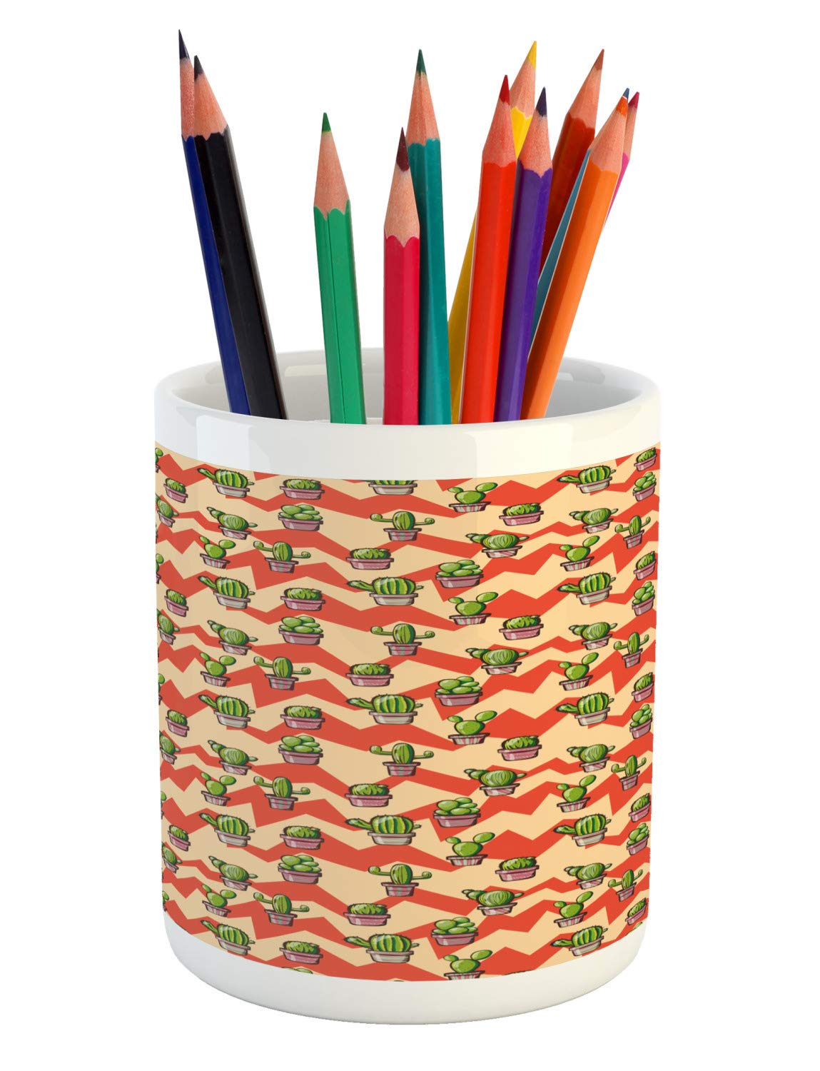 Ambesonne Ceramic Cactus Pen Holder - Mexican Inspired Geometric Zigzag Design, Botanical Plant Arrangement for Office Desk Accessories | Perfect for Organizing Pens, Pencils & Stationery in Home Office or Study Room