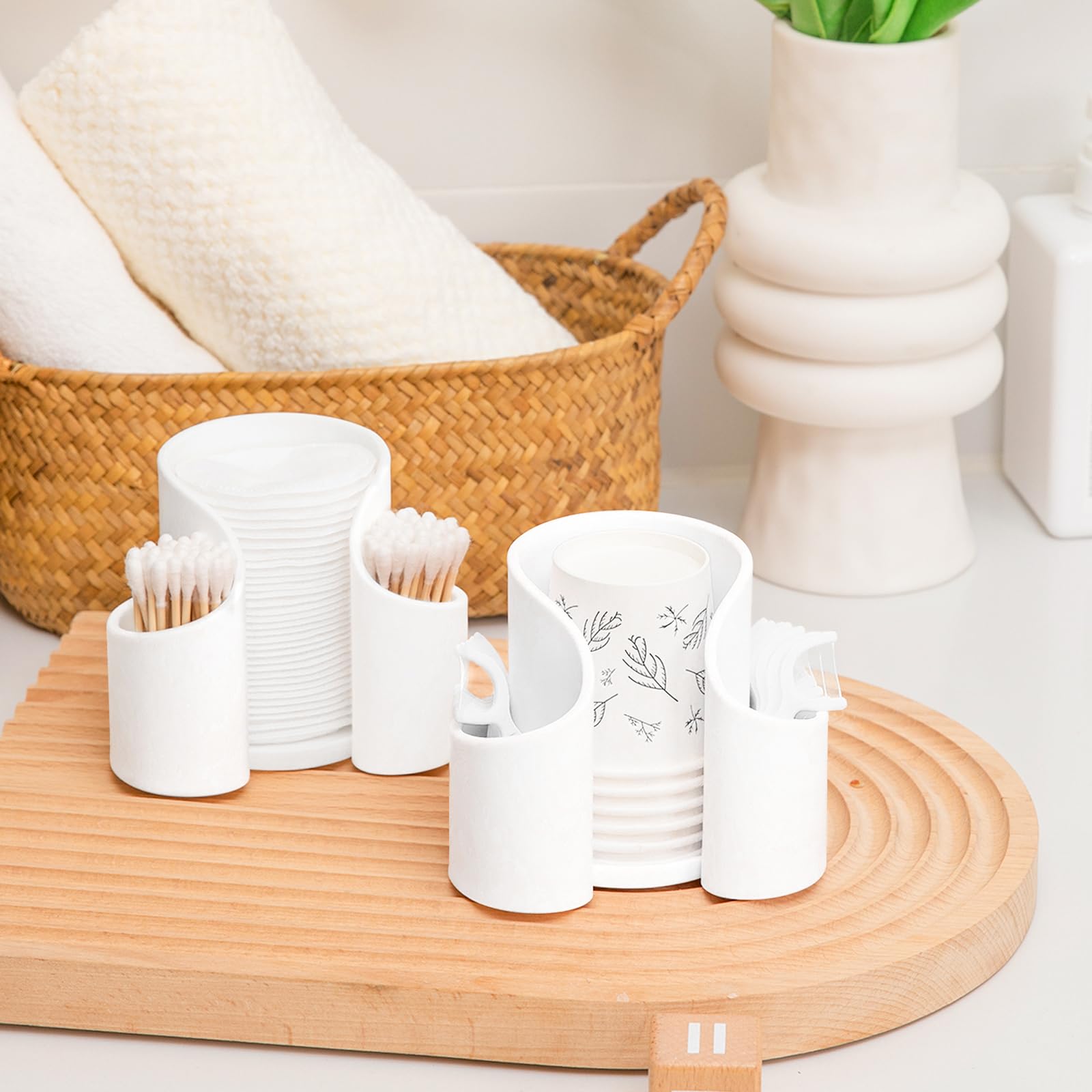 Premium Cotton Pad & Q-Tip Holder - Bathroom Organizer with Dental Floss Dispenser - Vanity Makeup Storage for Cotton Pads, Q-Tips, Paper Cups & Floss - White Bathroom Accessories for Countertop Organization & Makeup Station