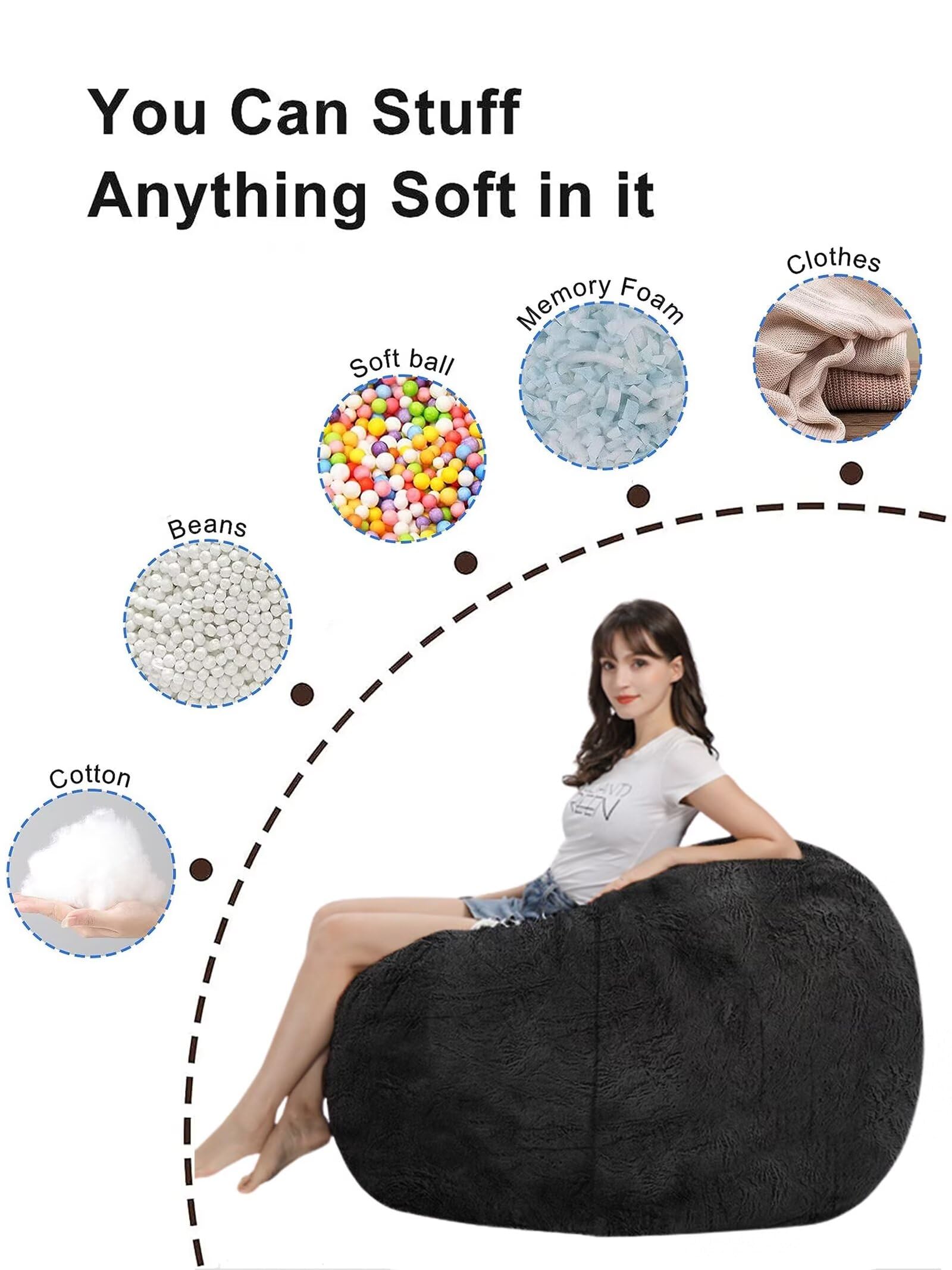**6FT Giant Fluffy Bean Bag Chair for Adults & Kids - Comfy Round Lazy Sofa Cover Without Filling - Perfect for Reading, Gaming & Lounging - Black**