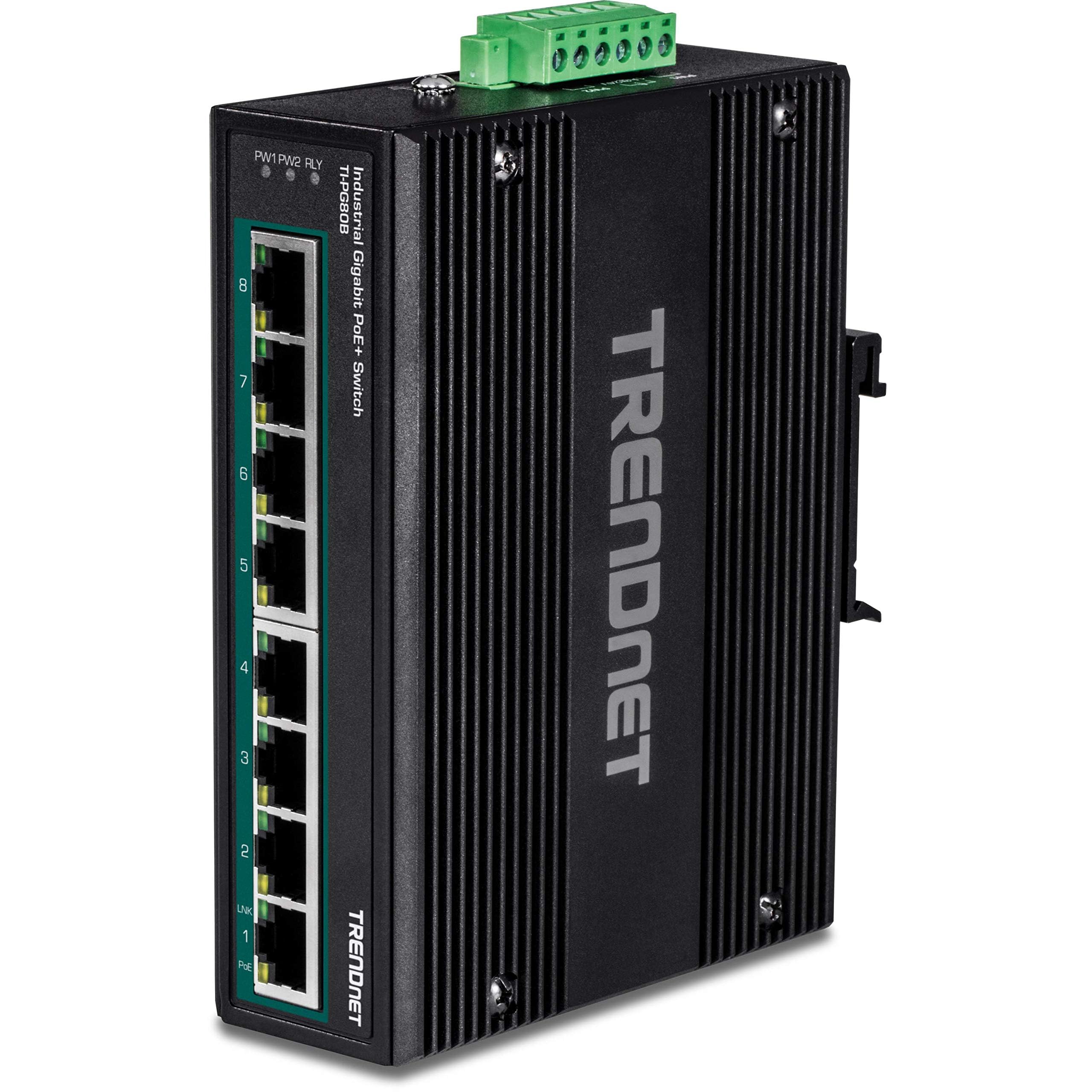 TRENDnet TI-PG80B 8-Port Industrial Gigabit PoE+ DIN-Rail Switch (24-56V) - Reliable Network Solution for Factory Automation, Security Cameras & IoT Devices