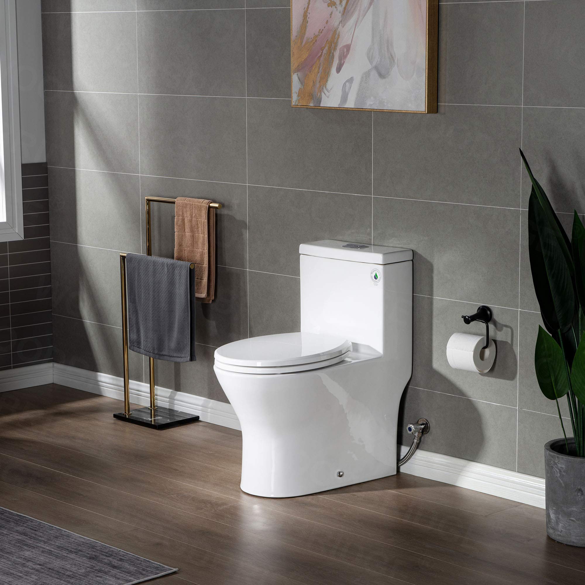 WOODBRIDGE Compact Dual Flush 1.28 GP One Piece Toilet with Soft Closing Seat - Small Bathroom Toilet with 1000g MaP Score & Chrome Button (B0500-CH, White) - Perfect for Tiny Bathrooms, Apartments & Space-Saving Solutions