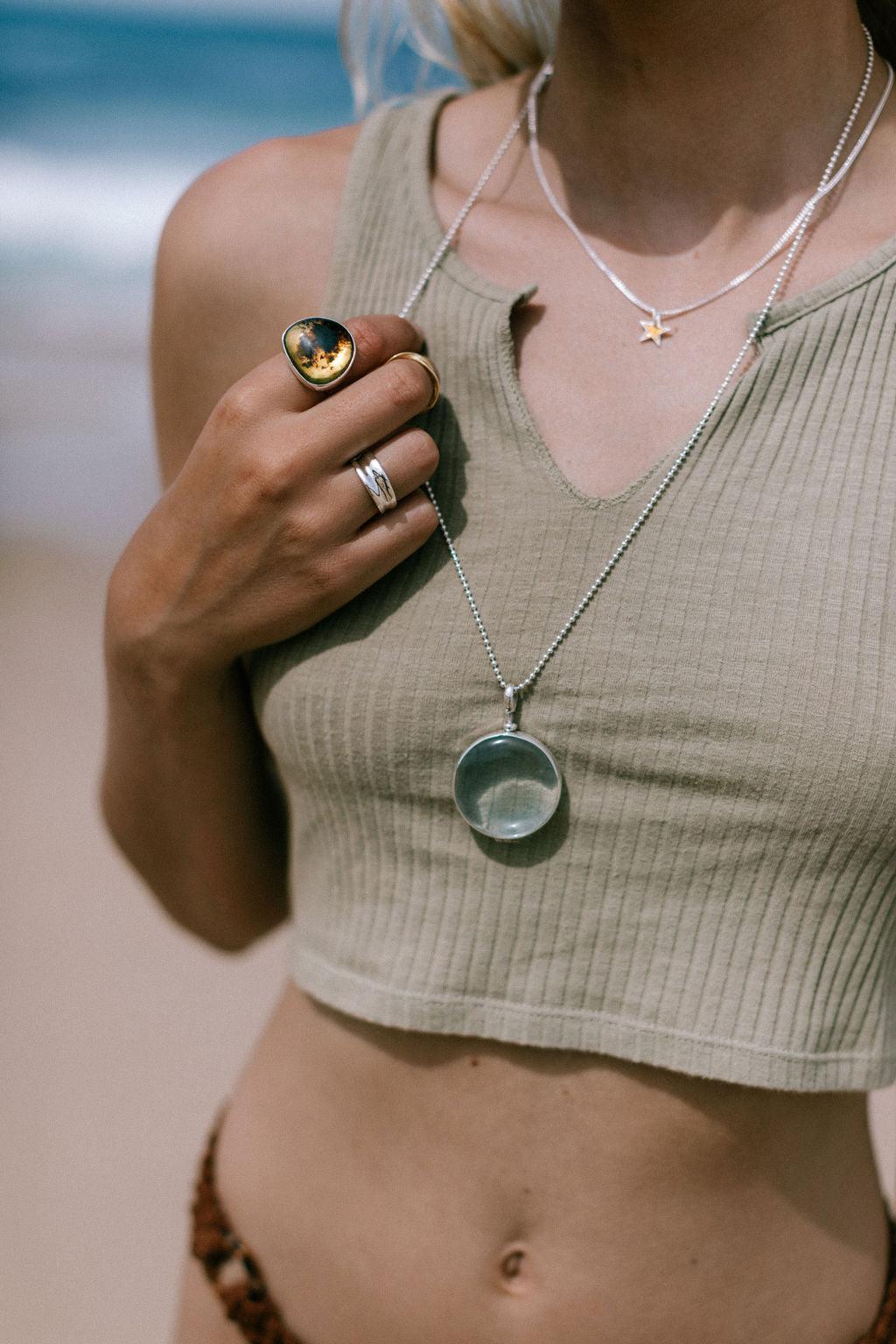 Large Circle Resin Locket Pendant on 70cm Ball Chain - Sterling Silver Jewelry for Women, Gift for Her, Birthday, Anniversary, Valentine's Day