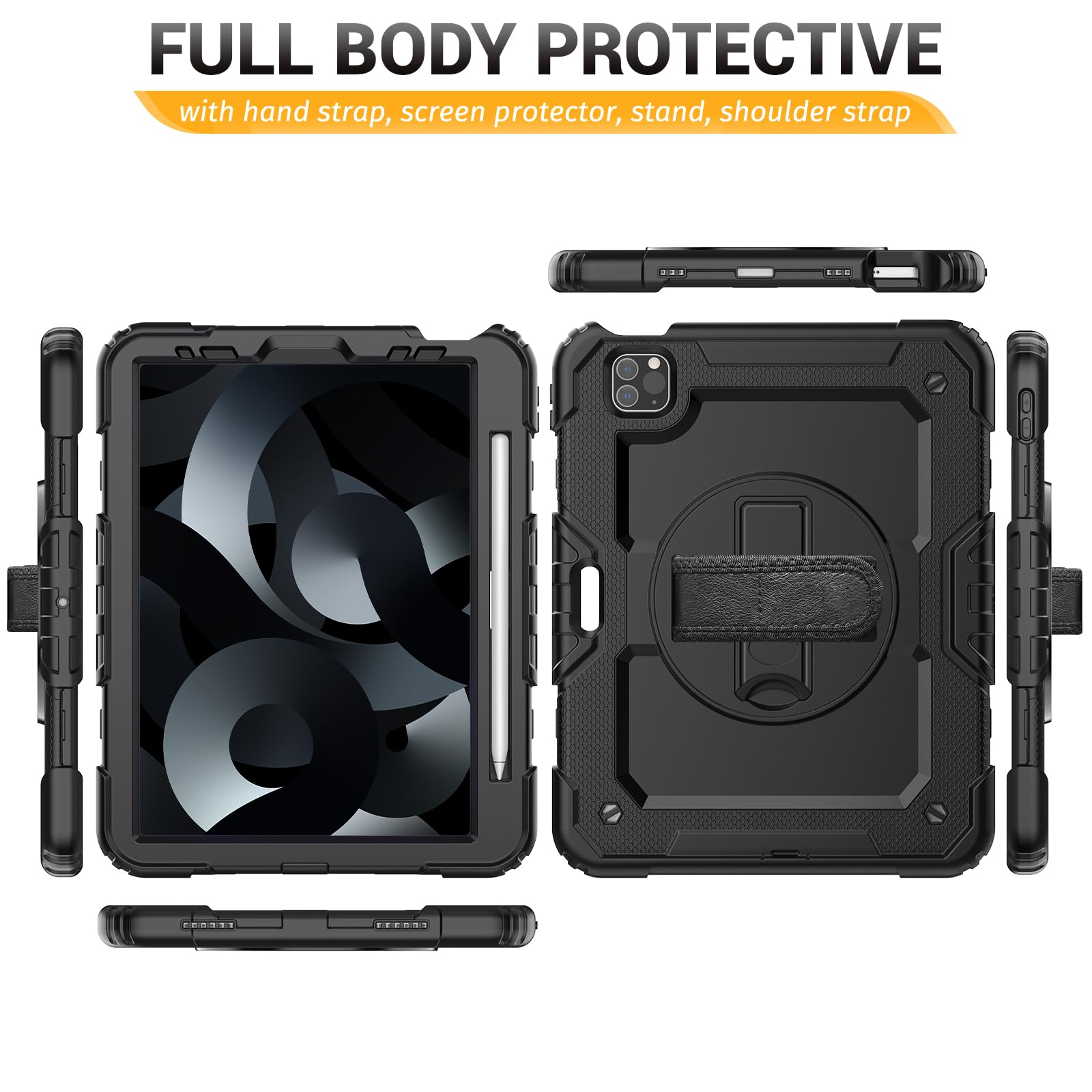 Shockproof iPad Air 5th/4th Generation 10.9 inch Case with Pencil Holder, Built-in Screen Protector & Hand Strap - Compatible with iPad Air 5/4 Models (A2316 A2324 A2588 A2589 A2591 A2072 A2325) - Black - Perfect for Work, School & Travel Protection
