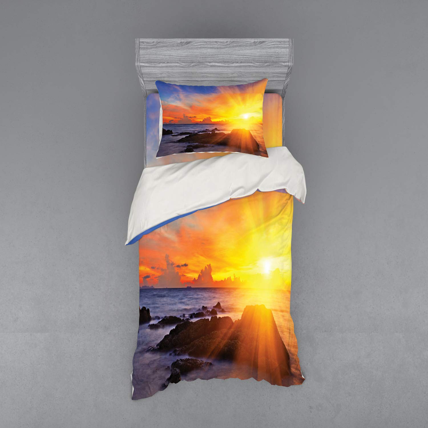 Ambesonne Tropical Beach Duvet Cover Set - Vibrant Sunset Ocean View 3-Piece Bedding (Twin Size, Orange & Blue) with Sham & Fitted Sheet - Perfect for Coastal Decor, Beach House Bedrooms & Vacation Home Styling