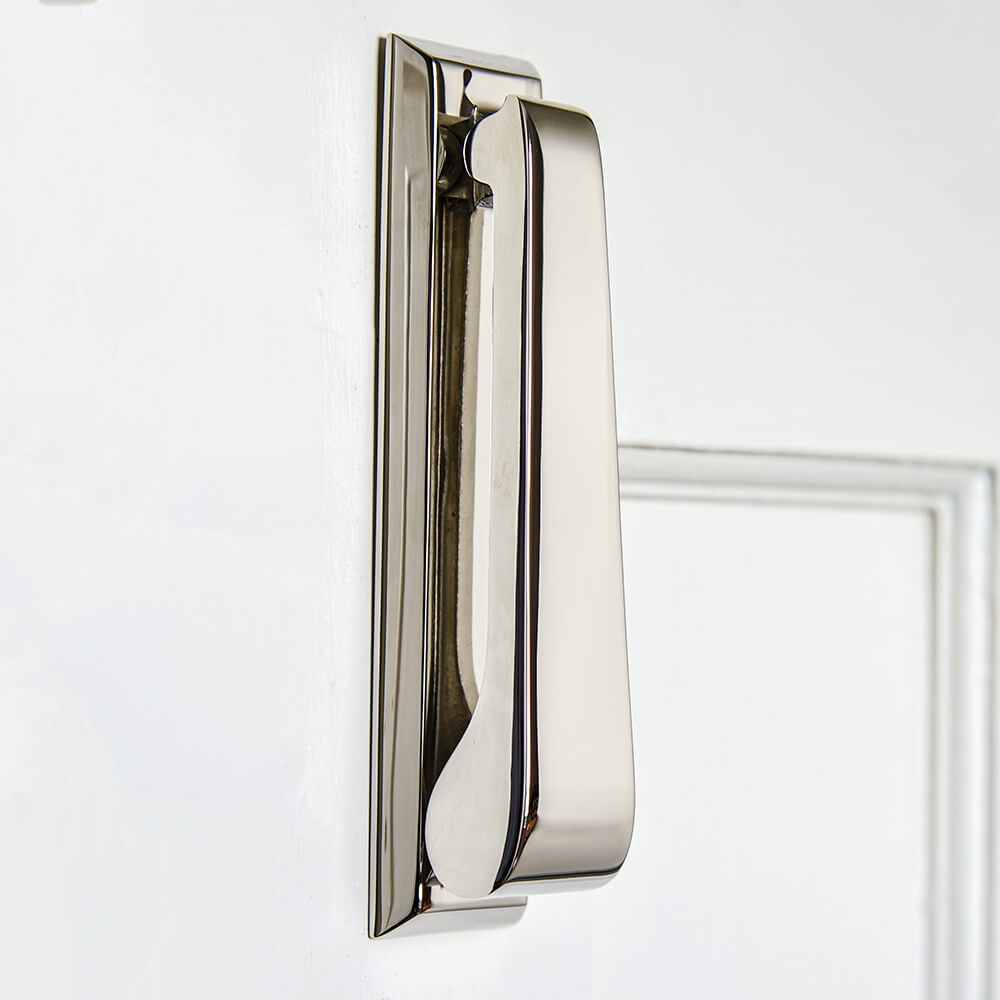 Polished Nickel Slim Door Knocker - Elegant & Durable Brass Door Knocker for Home Entryway - Perfect for Front Door, Farmhouse, and Traditional House Decor