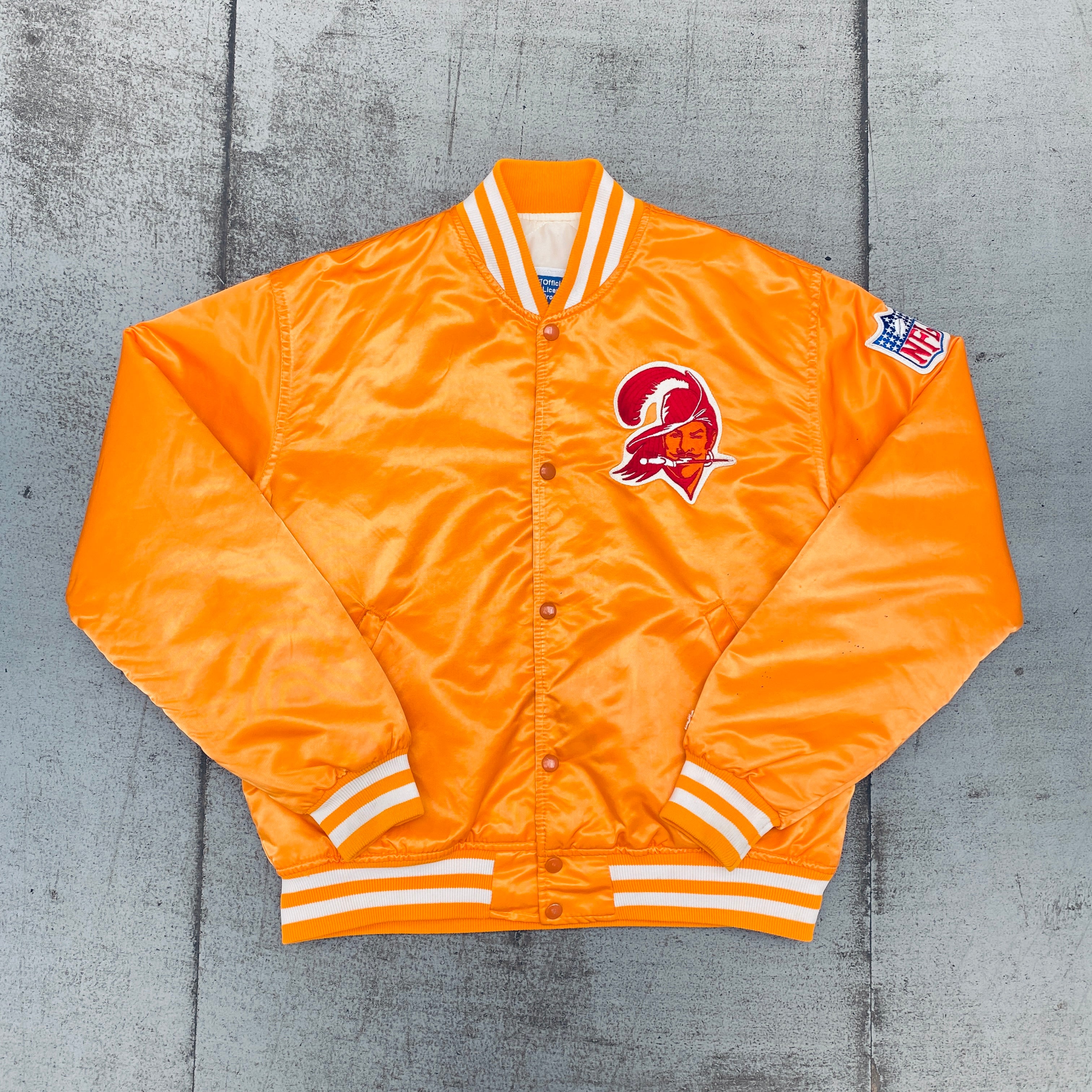 Vintage 1980s Tampa Bay Buccaneers Creamsicle Satin Starter Bomber Jacket - Size Large | NFL Throwback Jacket for Football Fans & Retro Sports Collectors | Perfect for Game Day, Tailgating & 80s Theme Parties