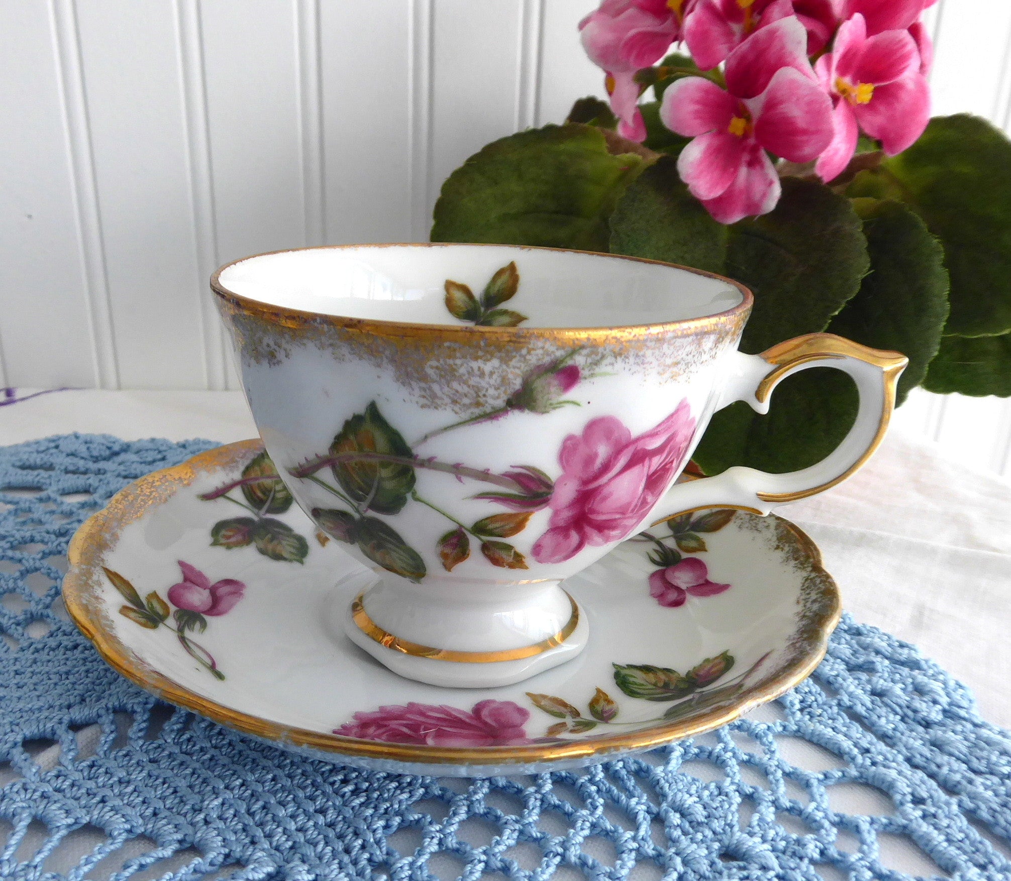 Vintage 1950s Japanese Porcelain Teacup and Saucer Set - Pink Rose Design with Brushed Gold Trim - Perfect for Afternoon Tea, Collectibles, and Home Decor