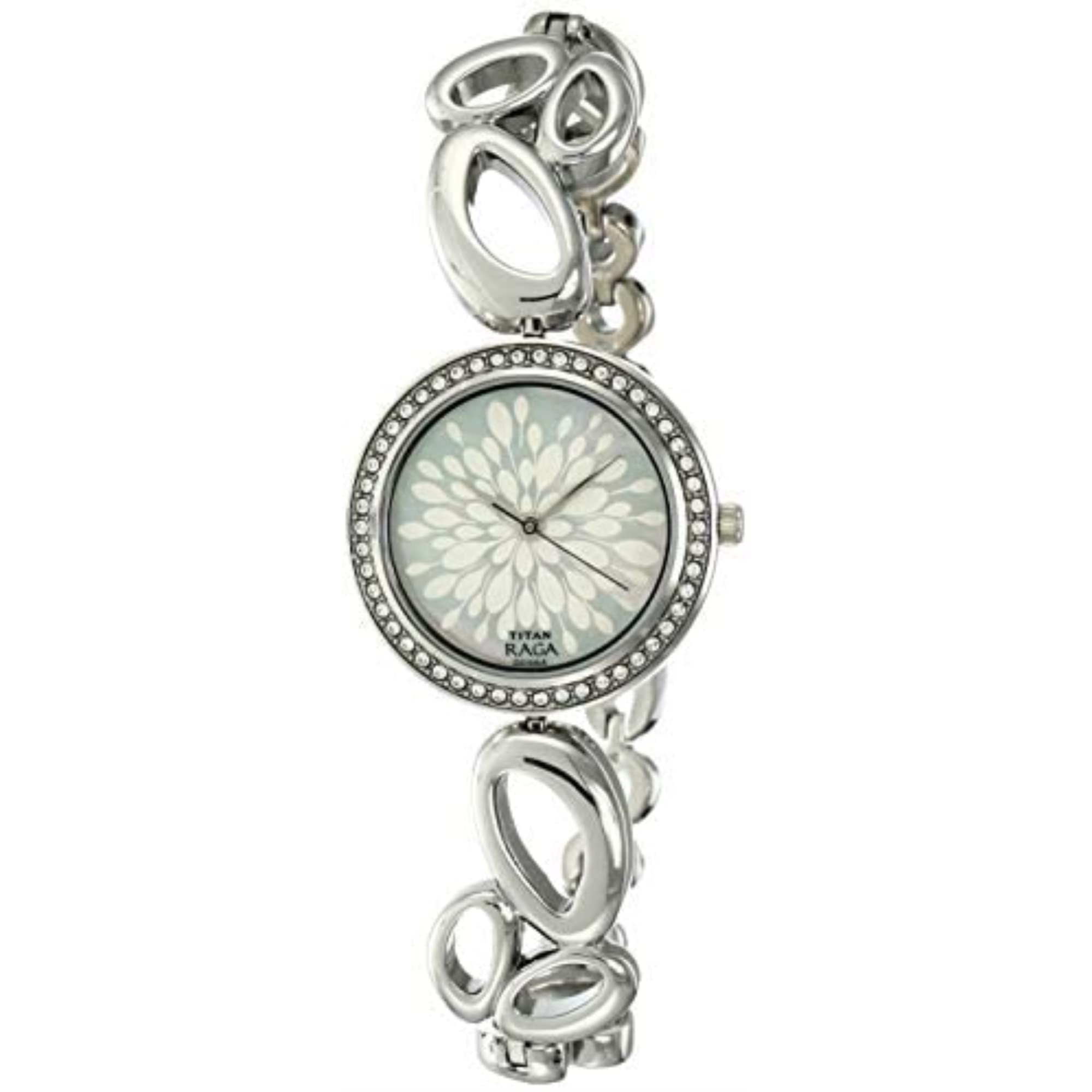 Titan Raga Swarovski Crystal Watch with Mother of Pearl Dial - Gold/Silver/Brass Metal Bracelet Style - Water Resistant Quartz Glass - Elegant Jewelry Design for Women | Perfect for Office, Party & Special Occasions