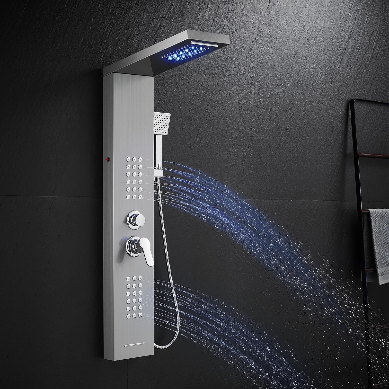 ROVATE 5-in-1 LED Shower Panel Tower System - Brushed Stainless Steel Rainfall Shower with Waterfall, Massage Jets & Handheld Sprayer - High Pressure Shower Column with Tub Spout for Luxurious Bathroom Upgrade (Perfect for Master Bath, Spa-Like Experience)