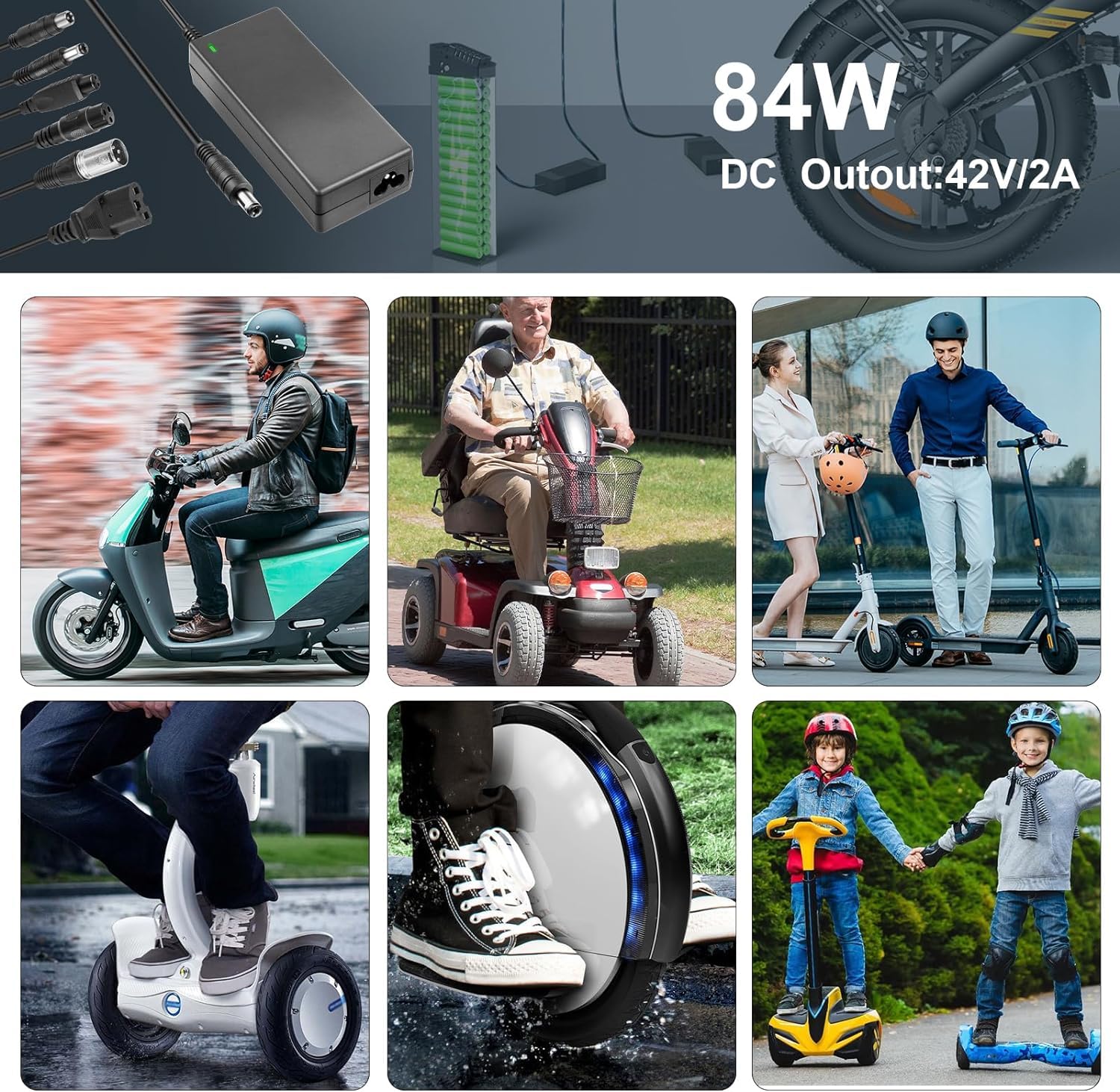 42V 2A Fast Charger with 7 Universal Plugs - Compatible with Razor, Jetson, Voyager, Gotrax, Ninebot - 36V 10S Li-ion Battery Charger for Electric Scooters, Bikes & Hoverboards - Perfect for Home, Office & Outdoor Use