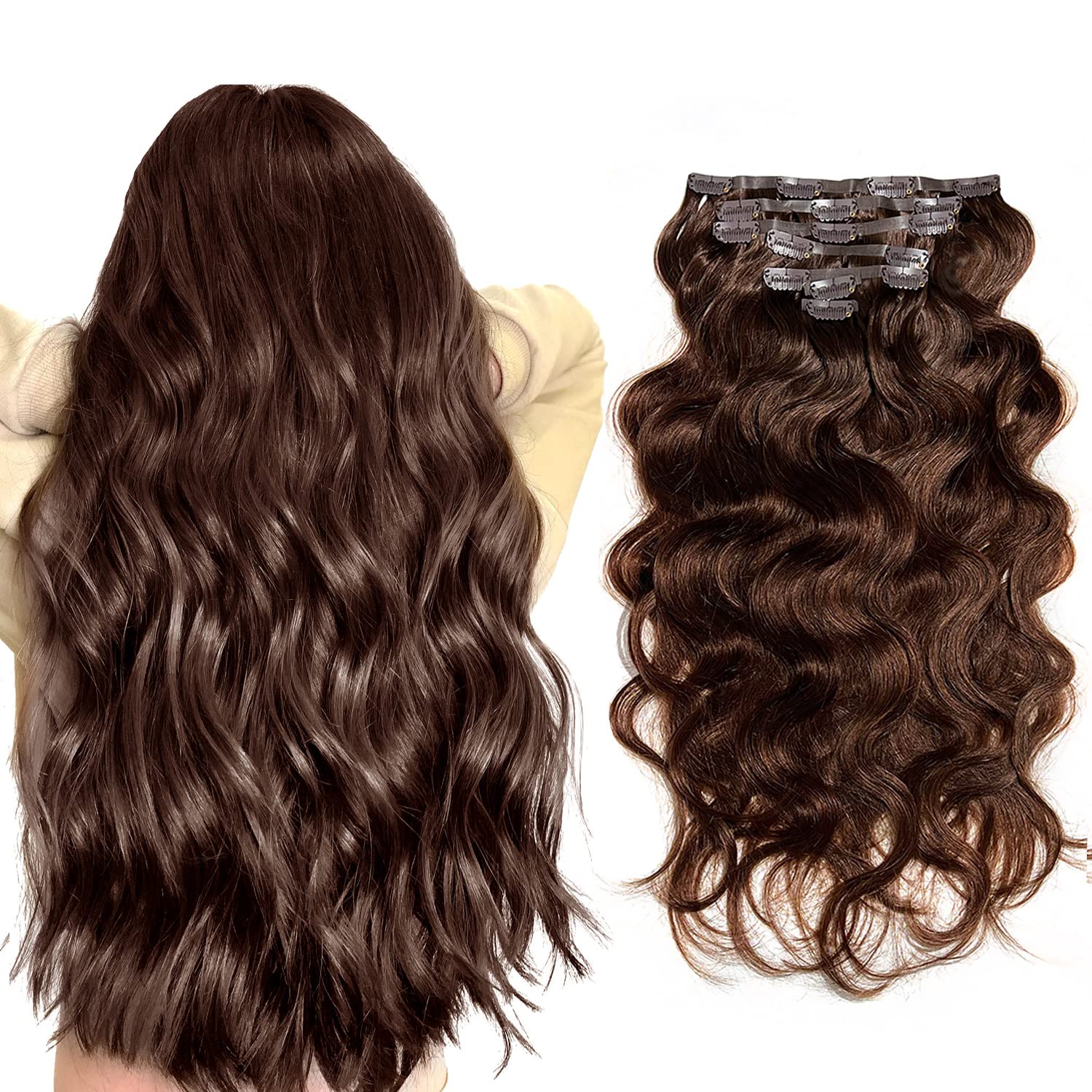 West Kiss Seamless Clip-In Human Hair Extensions - Soft & Bouncy PU Skin Weft, 100% Real Human Hair (Chocolate Brown, Body Wave, 7pcs, 120g, 20 Inch) for Volume & Length - Perfect for Parties, Weddings & Daily Styling