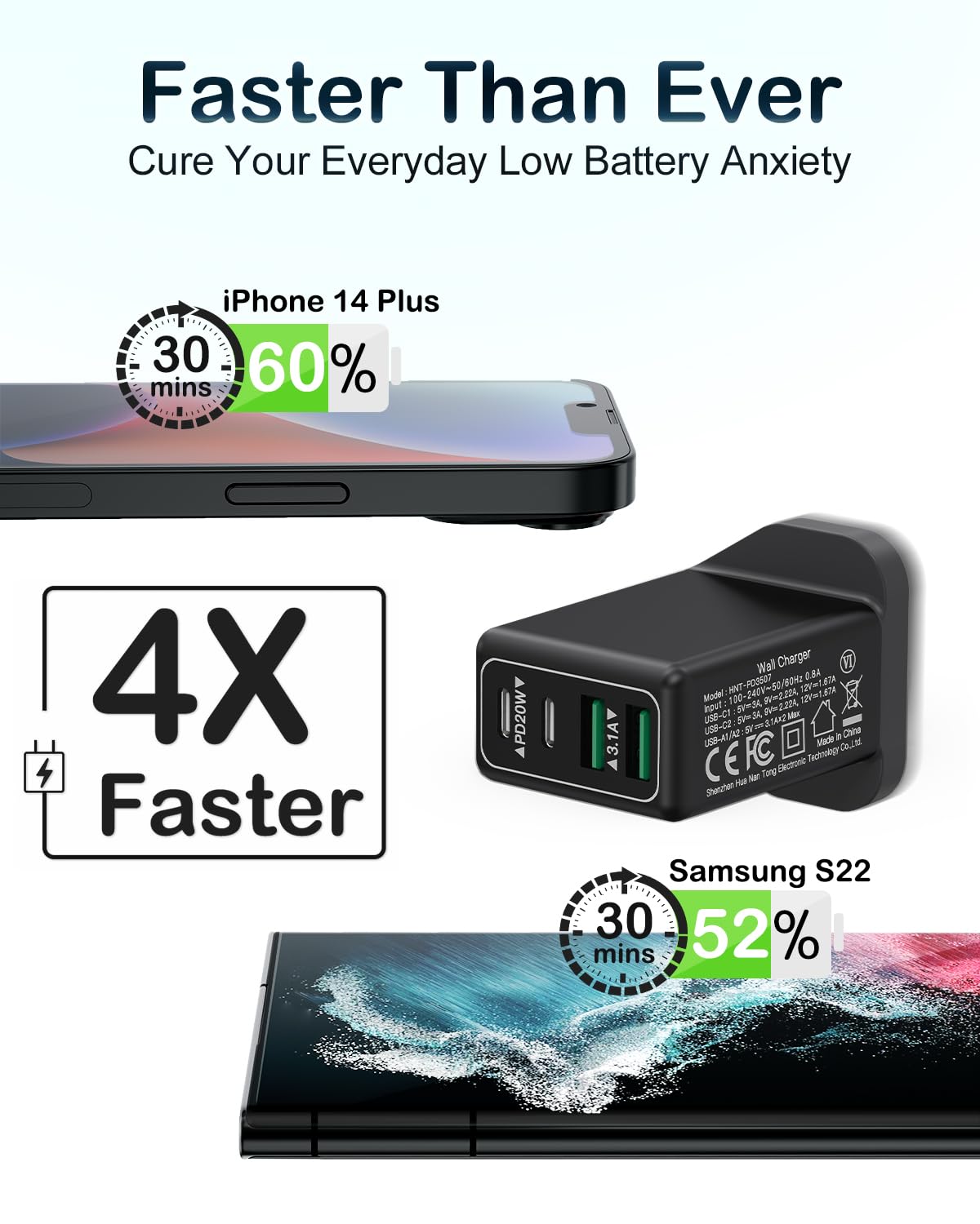 40W 4-Port USB C Fast Charger Plug UK - Dual USB-C & QC 3.0 Wall Charger Adapter for iPhone 16/15/14/13/12/11 Pro Max/XS/XR, Samsung Galaxy, iPad - Compact Multi Mains Charger for Home, Office & Travel