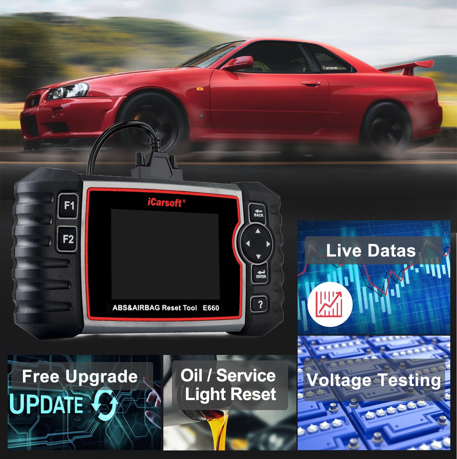 iCarsoft E660 ABS Diagnostic Tool - OBD2 Scanner for ABS, SRS, SAS, EPB & Engine | Car Code Reader with SAS/EPB Reset & Battery Test | Auto Diagnostic Scanner to Read & Clear Fault Codes | Free Upgrade | Perfect for DIY Mechanics & Professional Auto Repair Shops