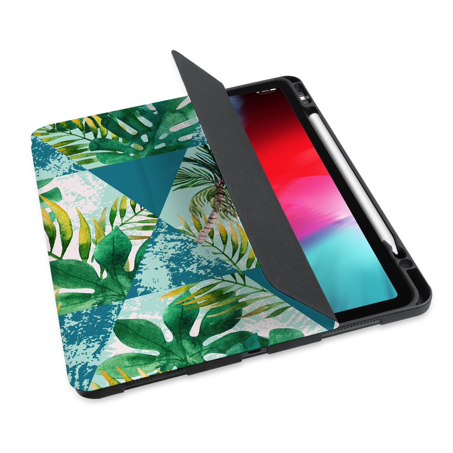 Stylish iPad Trifold Case with Tropical Leaves Design - Perfect for Work, School & Travel Protection
