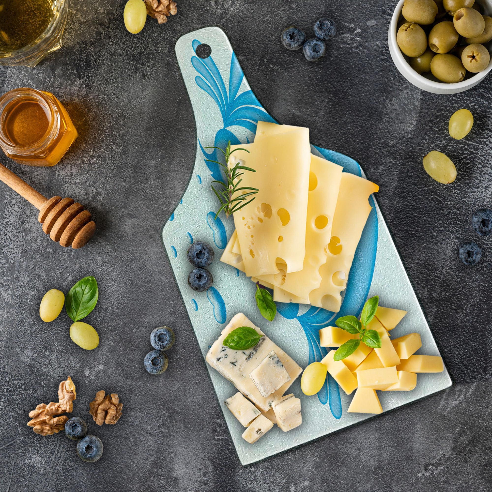 Ambesonne Romantic Fish Kissing Tempered Glass Cutting Board - Abstract Blue Cartoon Fish Design with Heart-Shaped Bubbles, Decorative Serving Board in Wine Bottle Shape (Pale Blue, Pink, White) - Perfect for Kitchen Use, Charcuterie Platters, and Gift Giving