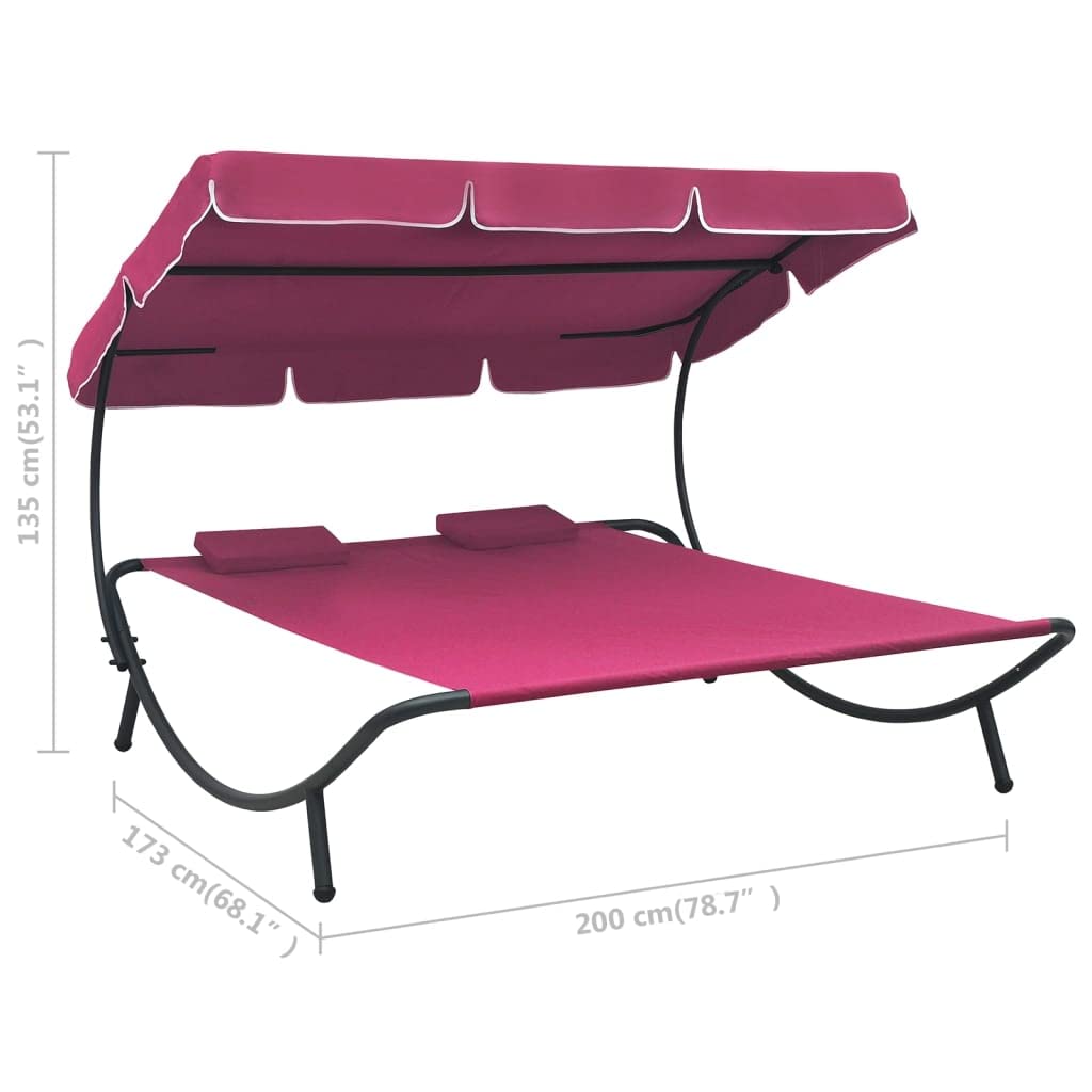 **vidaXL Outdoor Double Lounge Bed with Canopy & Pillows - Powder-Coated Steel Frame, Water-Resistant Oxford Fabric - Pink Patio Furniture for Poolside, Garden, or Backyard Relaxation**