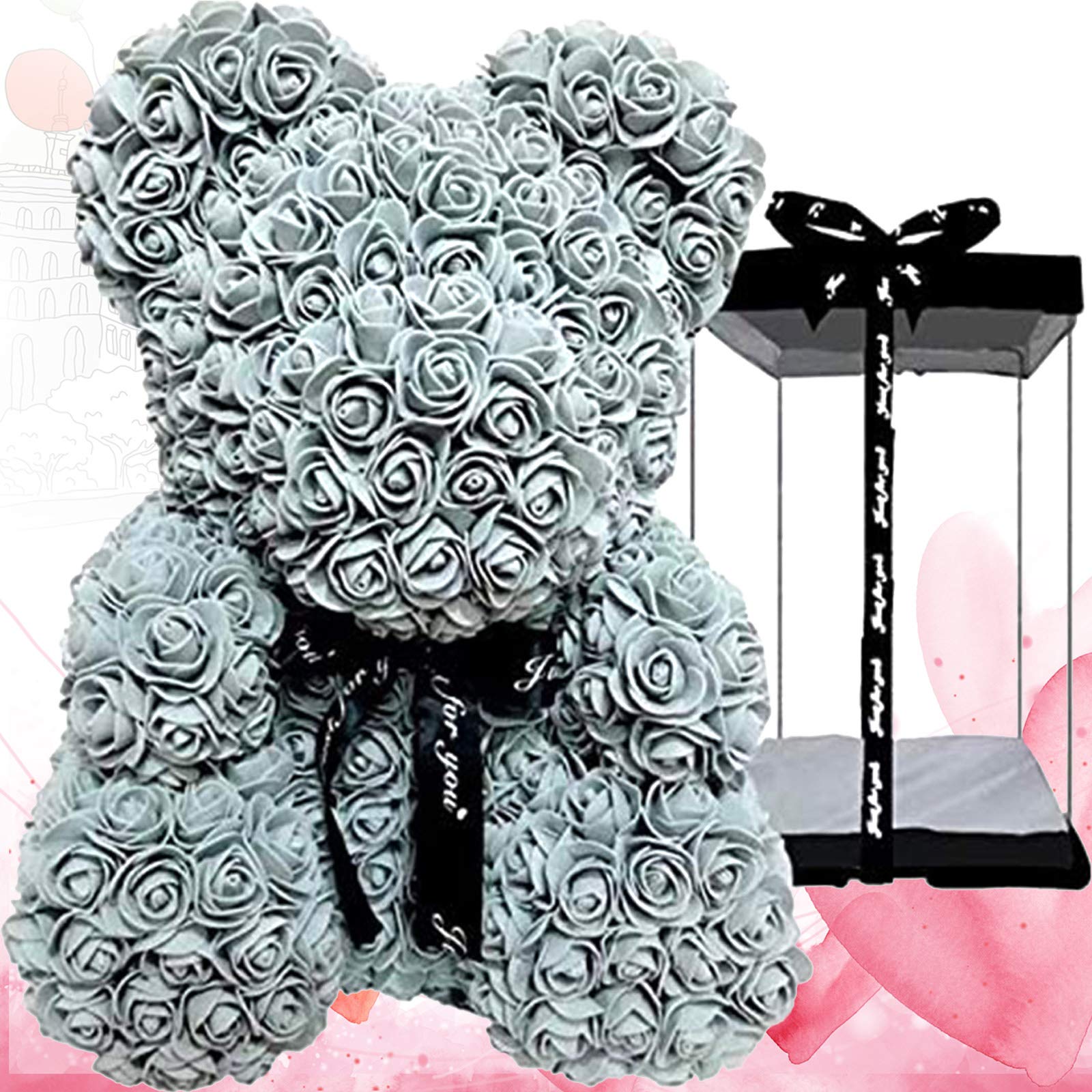 Meosu 10-Inch Gray Rose Bear - Preserved Forever Rose Flower Teddy Bear Gift for Women, Girlfriend, Wife, Kids - Perfect for Valentine's Day, Mother's Day, Anniversary & Birthdays (Comes in Clear Gift Box) - Romantic Home Decor & Special Occasion Gift Idea