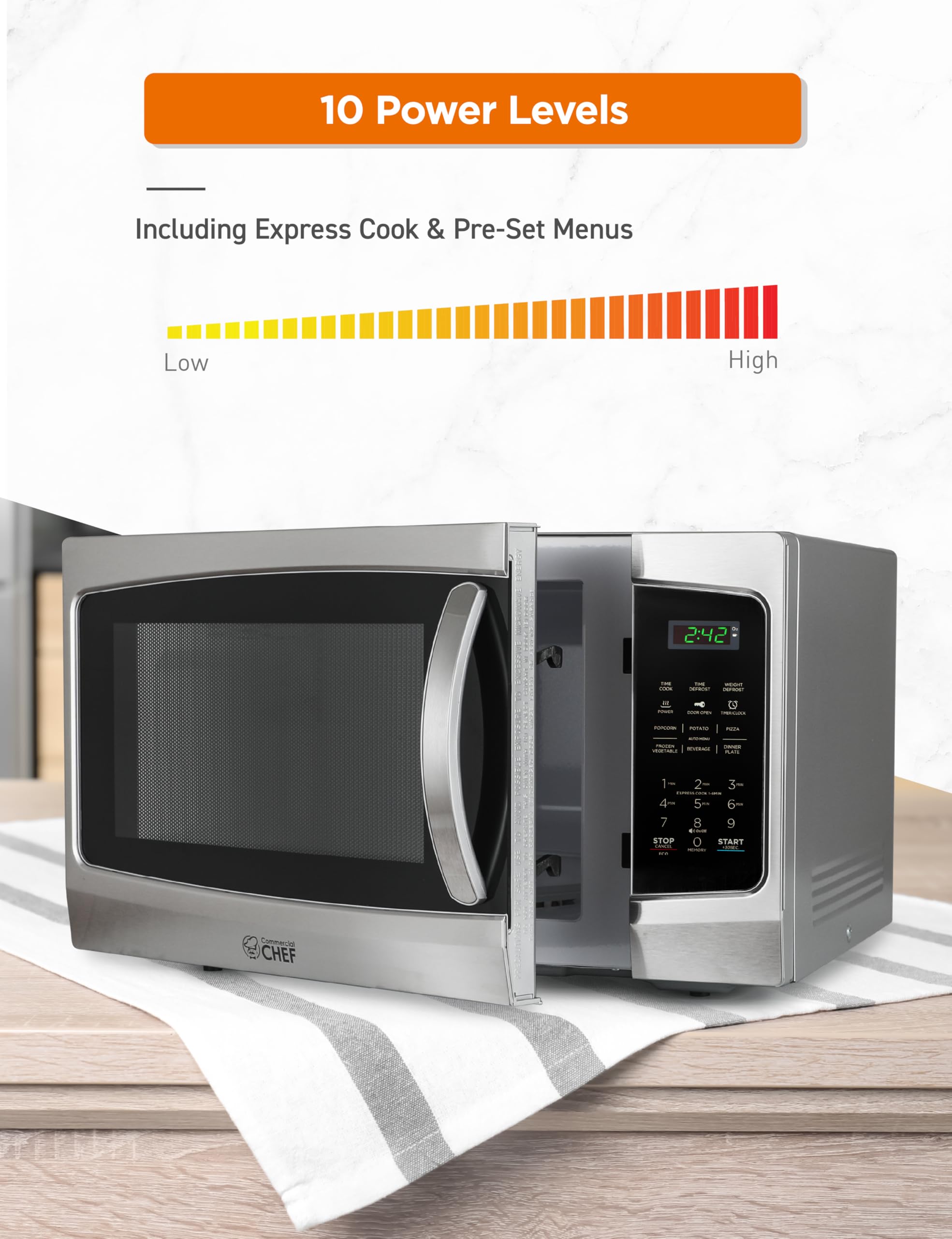 Commercial Chef 1.3 Cu Ft 1000W Stainless Steel Countertop Microwave with 10 Power Levels, Pull Handle Door Lock, Digital Controls & Timer - Perfect for Home Kitchen, Office Breakroom or Dorm Room