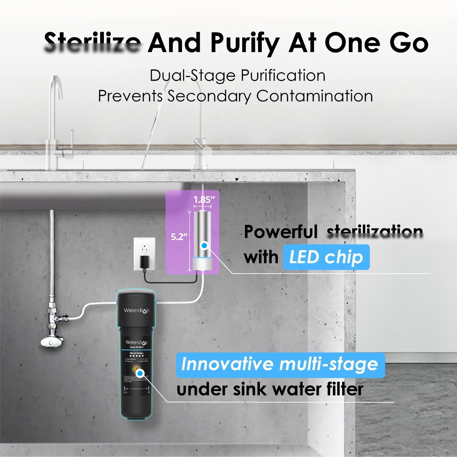 Waterdrop 10UB Under Sink Water Filtration System - NSF Certified Lead & Mercury Free, Smart LED Filter Life Indicator, 50+ Years Stainless Steel Housing - Perfect for Kitchen, RV & Office Pure Drinking Water