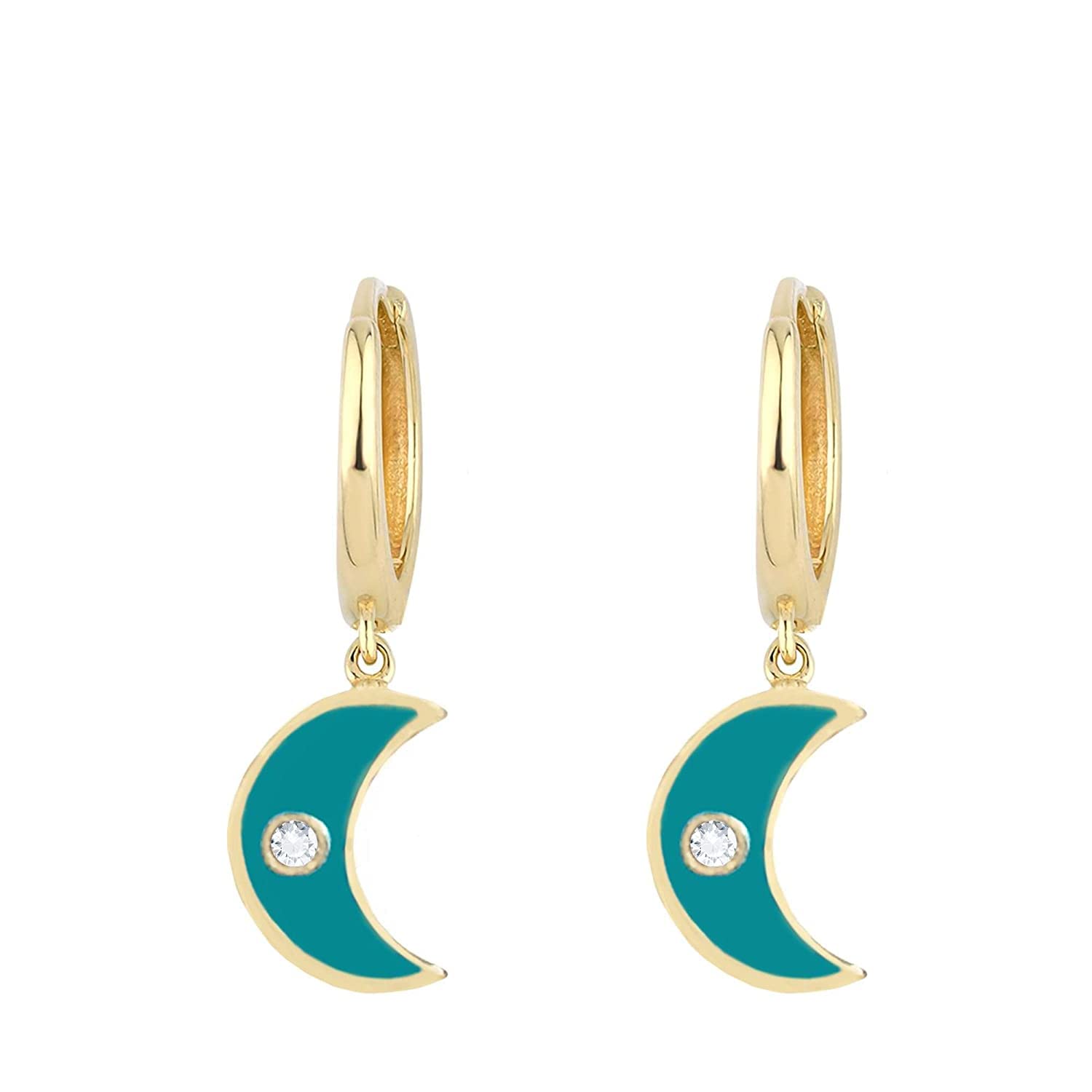 14K Gold Moon Diamond Dangle Drop Hoop Earrings for Women - Crescent Moon Evil Eye Enamel Turquoise Blue Earrings | Perfect for Parties, Weddings & Everyday Elegance