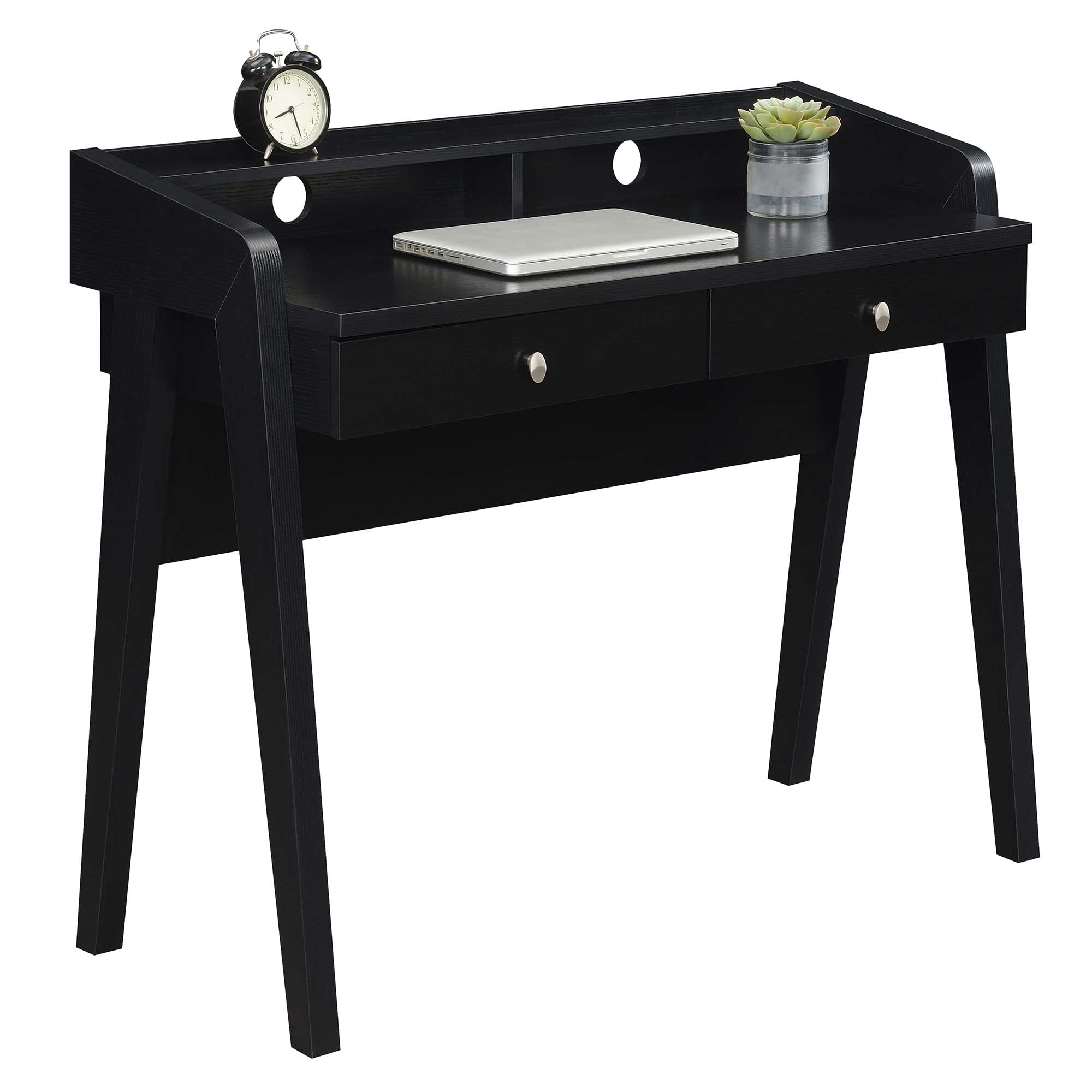 Convenience Concepts Newport Deluxe 2-Drawer Writing Desk with Storage Shelf - Black Finish for Home Office & Study Room