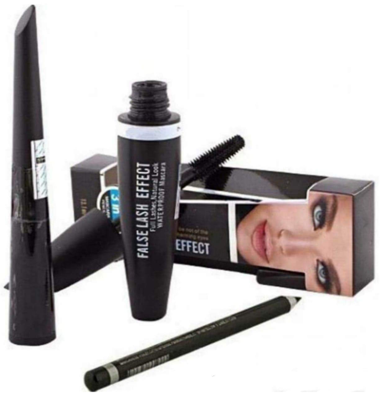 Waterproof Eyeliner, Mascara & Eyebrow Pencil Set with SPF 15 Mineral Foundation & Makeup Blender - 5 Piece Waterproof Cosmetic Kit for Everyday Makeup, Party & Special Occasions