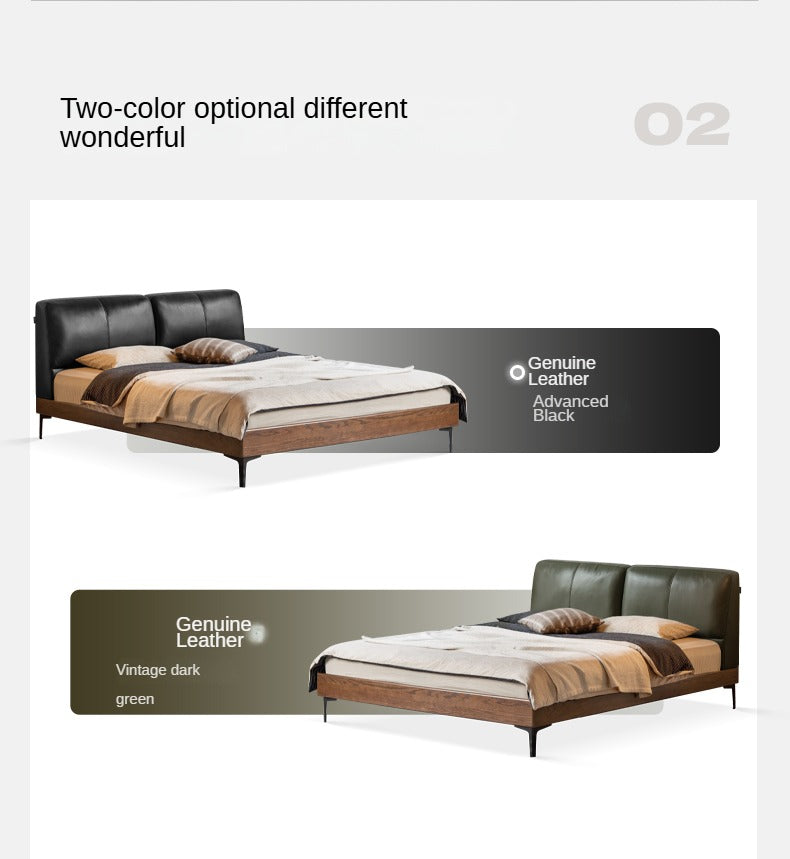 Luxury Oak Solid Wood Bed with Soft Leather Upholstery - Elegant Master Bedroom Furniture for Modern Home Decor