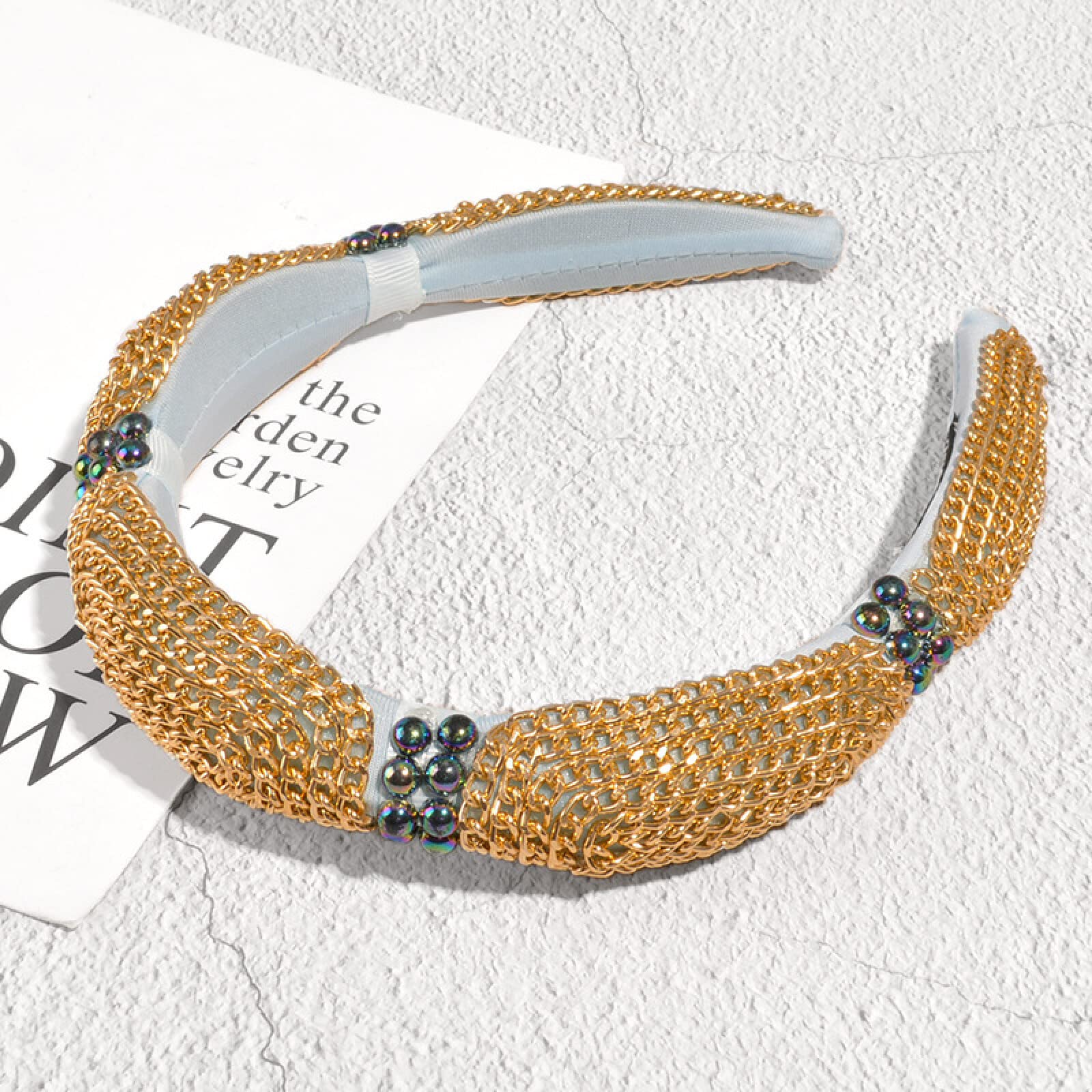 Elegant Metal Chain Sponge Headband with Black Pearls - Retro Women's Hair Accessories for Daily Wear, Parties & Special Occasions - Sky Blue Chain Design