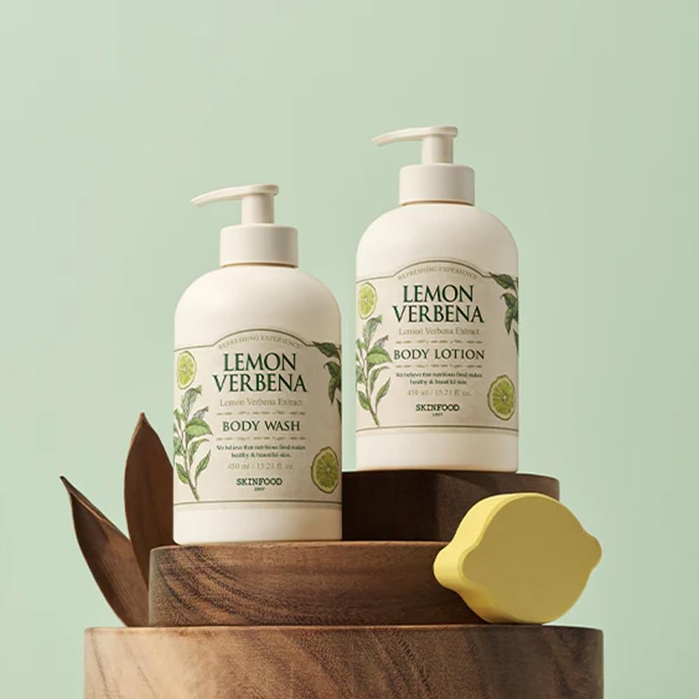 SKINFOOD Lemon Verbena Body Wash 450g (15.2 fl.oz) - Moisturizing Shower Gel with Citrus Scent for Men & Women - Soft Rich Foam Cleanser with Lemon Verbena Extract - Leaves Skin Fresh & Hydrated | Perfect for Daily Shower, Spa Day & Gift Sets