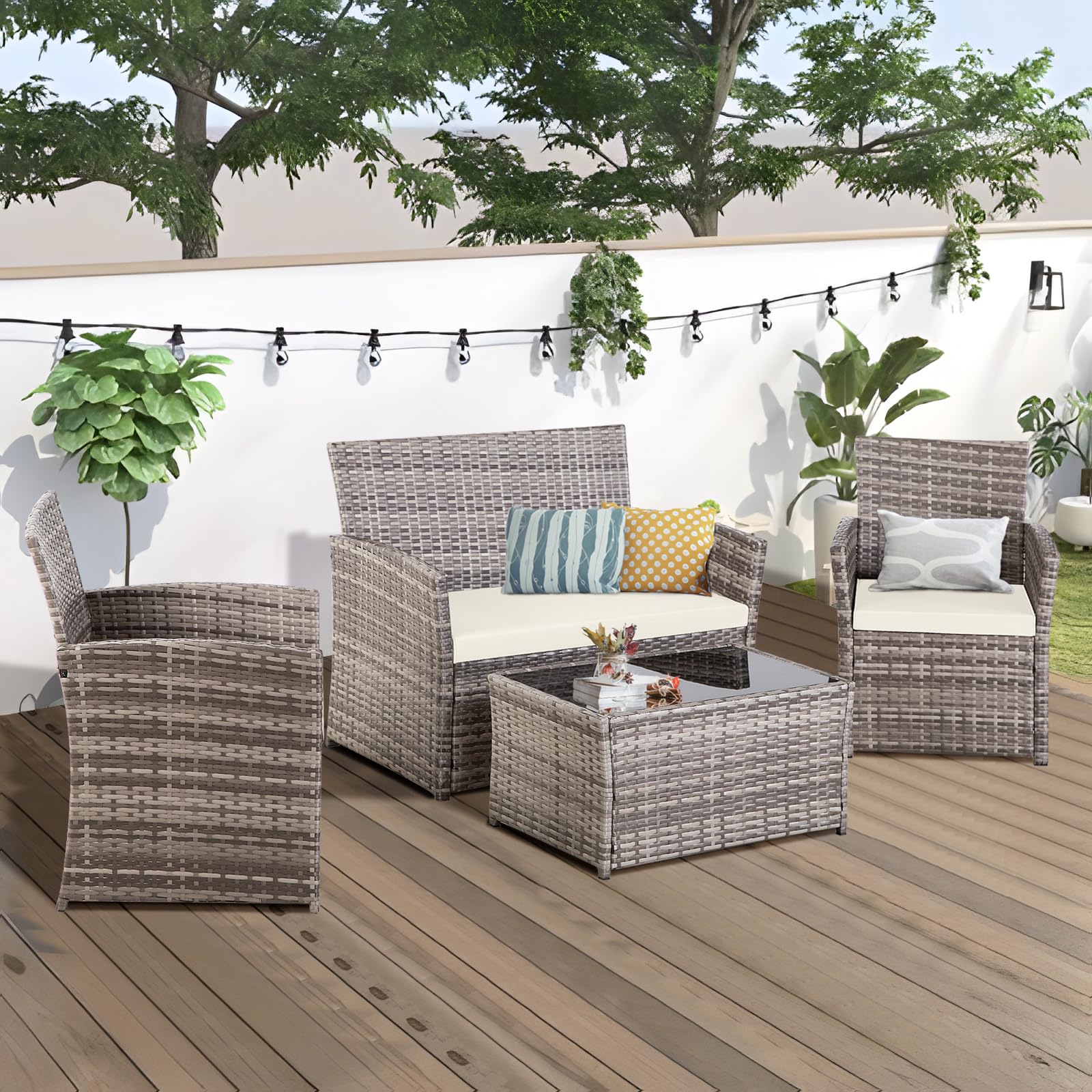 4-Piece Outdoor Patio Furniture Set - All-Weather Wicker Rattan Conversation Set with Table, Chairs & Loveseat Cushions for Balcony, Porch, Backyard (Gray-Beige) | Perfect for Garden Relaxation & Outdoor Entertaining