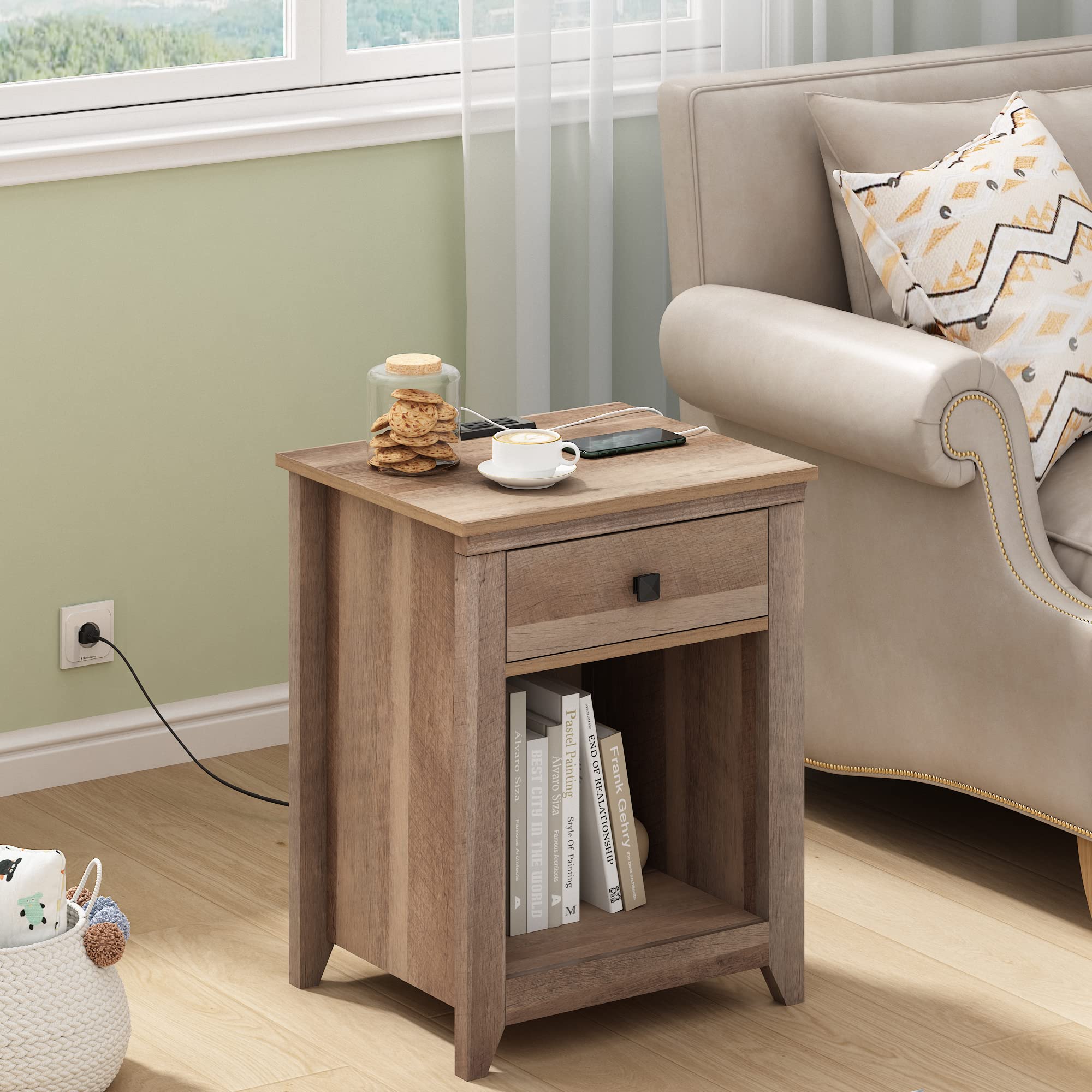 Set of 2 Modern Farmhouse Nightstands with Built-in USB Charging Station & Open Storage Shelf - Light Brown Wood Bedside Tables for Bedroom, Living Room or Office