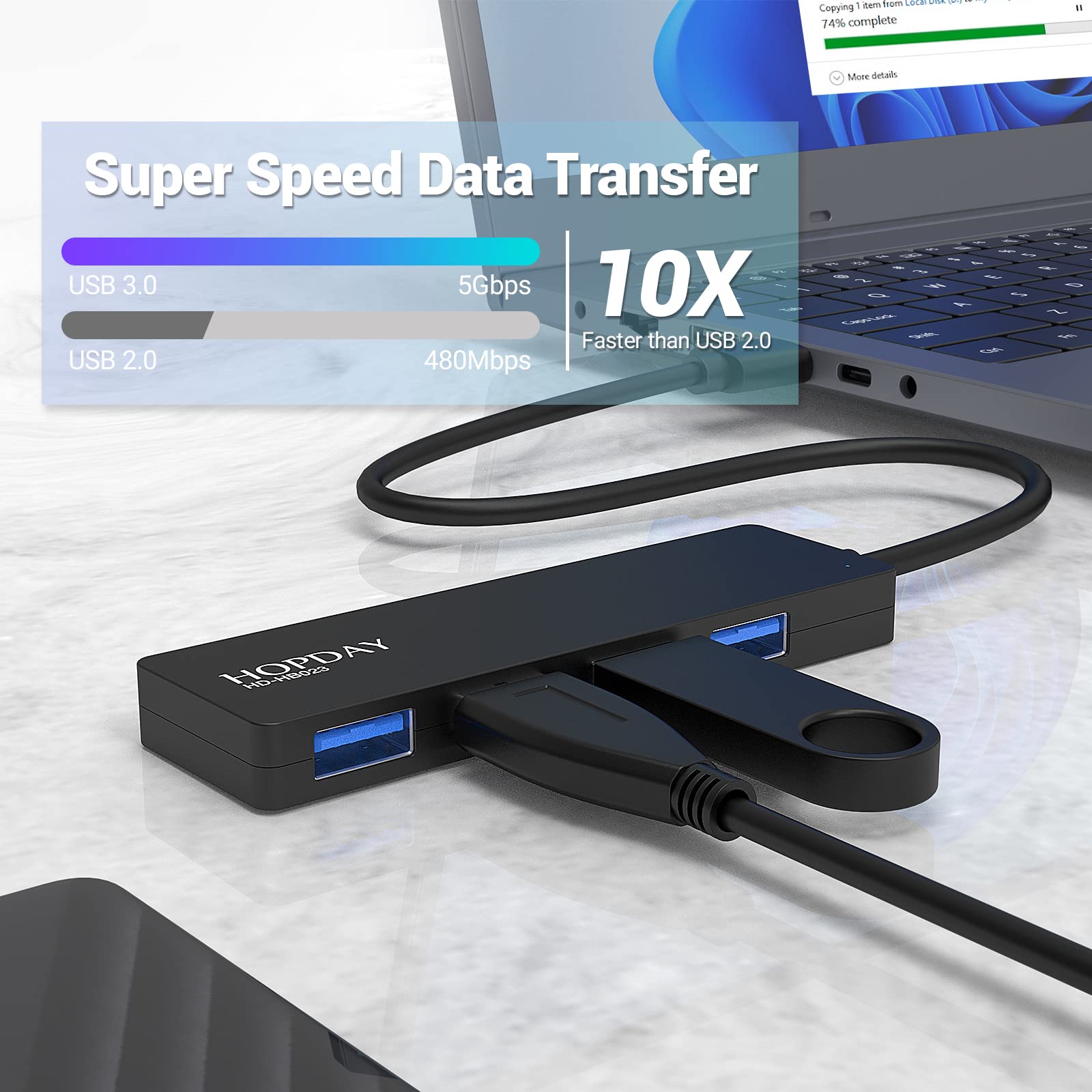 HOPDAY 4-Port USB 3.0 Hub - Ultra Slim Portable USB Splitter for MacBook, iMac, Mac Mini, Surface Pro, Dell, HP Laptops - Perfect for Office, Travel & Home Use