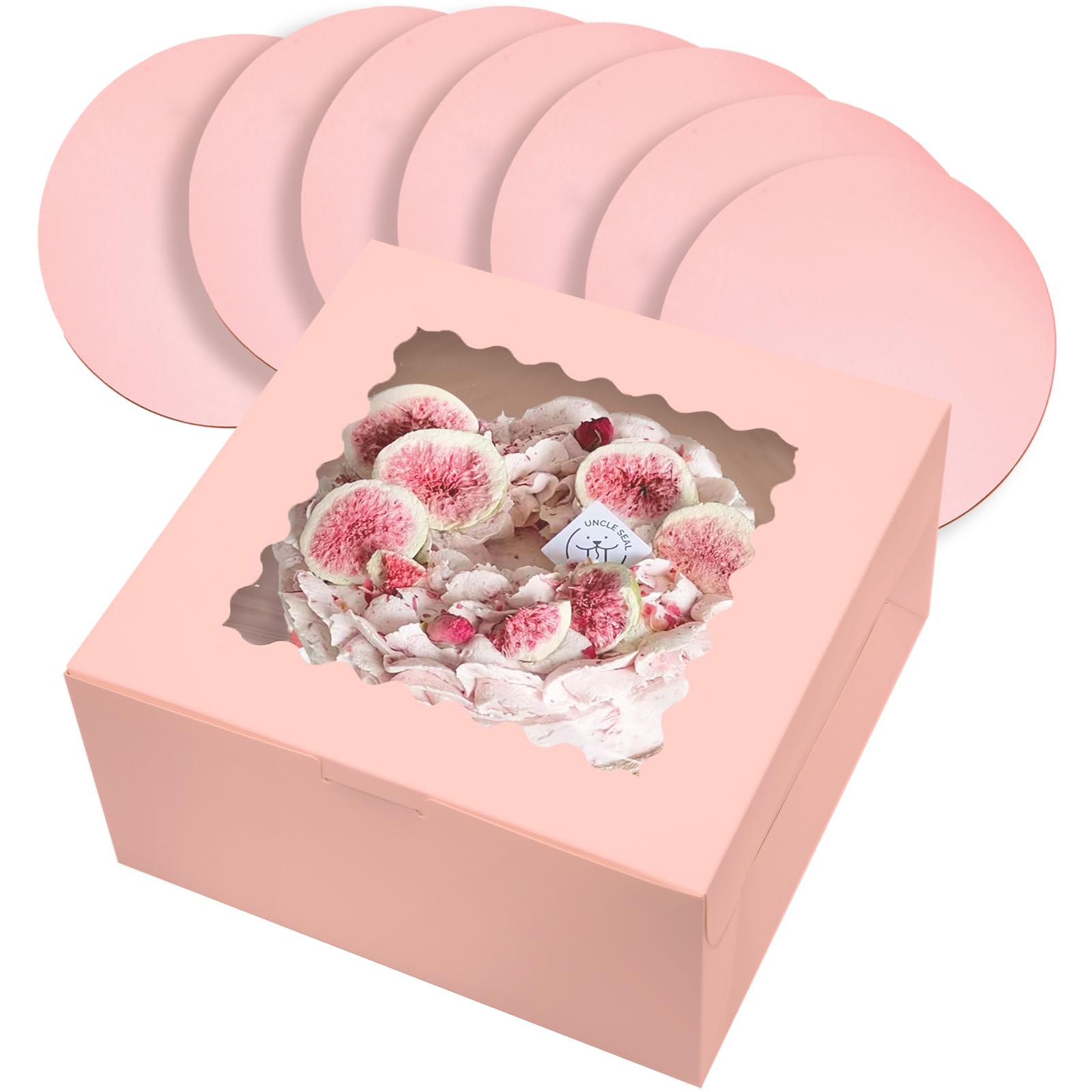 Qiqee 10x10x5 Inch Pink Cake Box with Window - 18 Sets Cake Containers & 10 Inch Round Cake Boards - Perfect for Birthday Parties, Wedding Cakes & Bakery Display