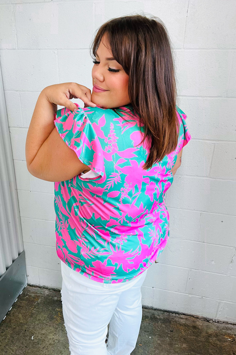 Stylish Pink & Green Floral Print Frilled Short Sleeve Yoke Top for Women | Casual Summer Blouse | Perfect for Beach Outings, Date Nights & Weekend Brunch