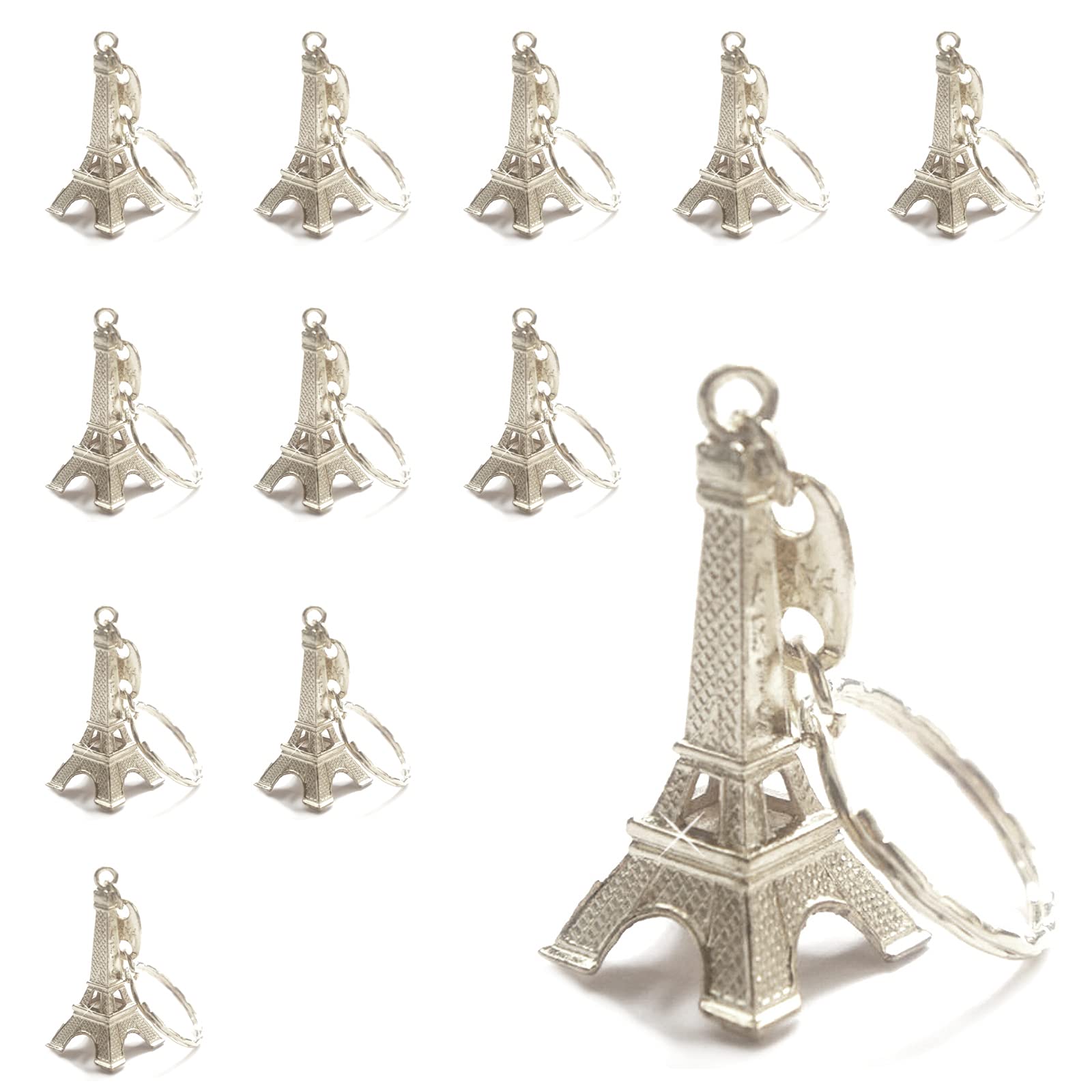 12 Pack Silver Eiffel Tower Keychain - Paris France Souvenir Key Rings for Travel Gifts, Party Favors & Home Decor