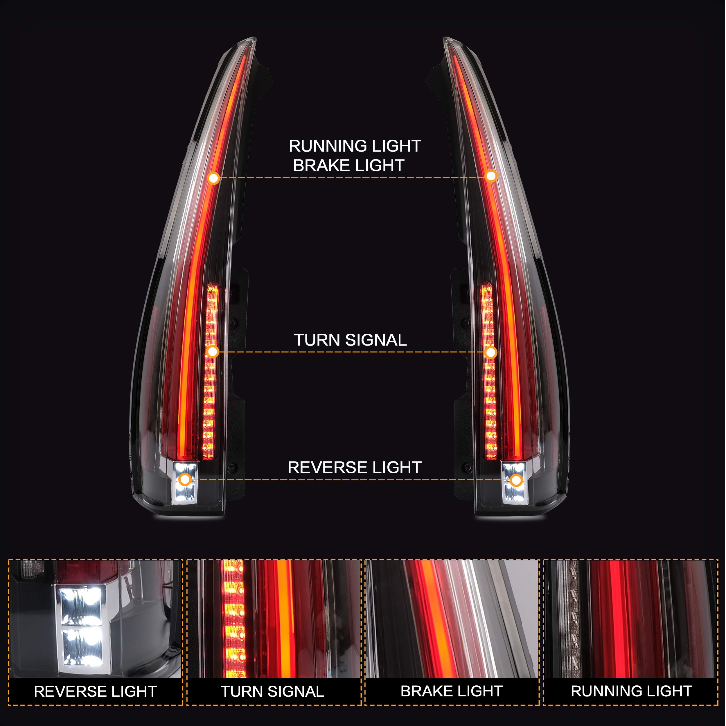 VLAND LED Tail Lights Assembly for Cadillac Escalade 3rd Gen SUV 2007-2014 - Red & Clear DRL Rear Lamps with Fog Lights & Turn Signals (Not Compatible with GMC/Chevrolet) - Perfect for Night Driving & Custom Car Upgrades