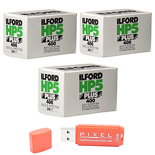 Ilford HP5 Plus 400 Black and White Film - 35mm 36 Exposures (3 Pack) with 32GB USB Flash Drive for Photography Enthusiasts - Perfect for Street Photography, Low Light Shooting & Film Developing Practice