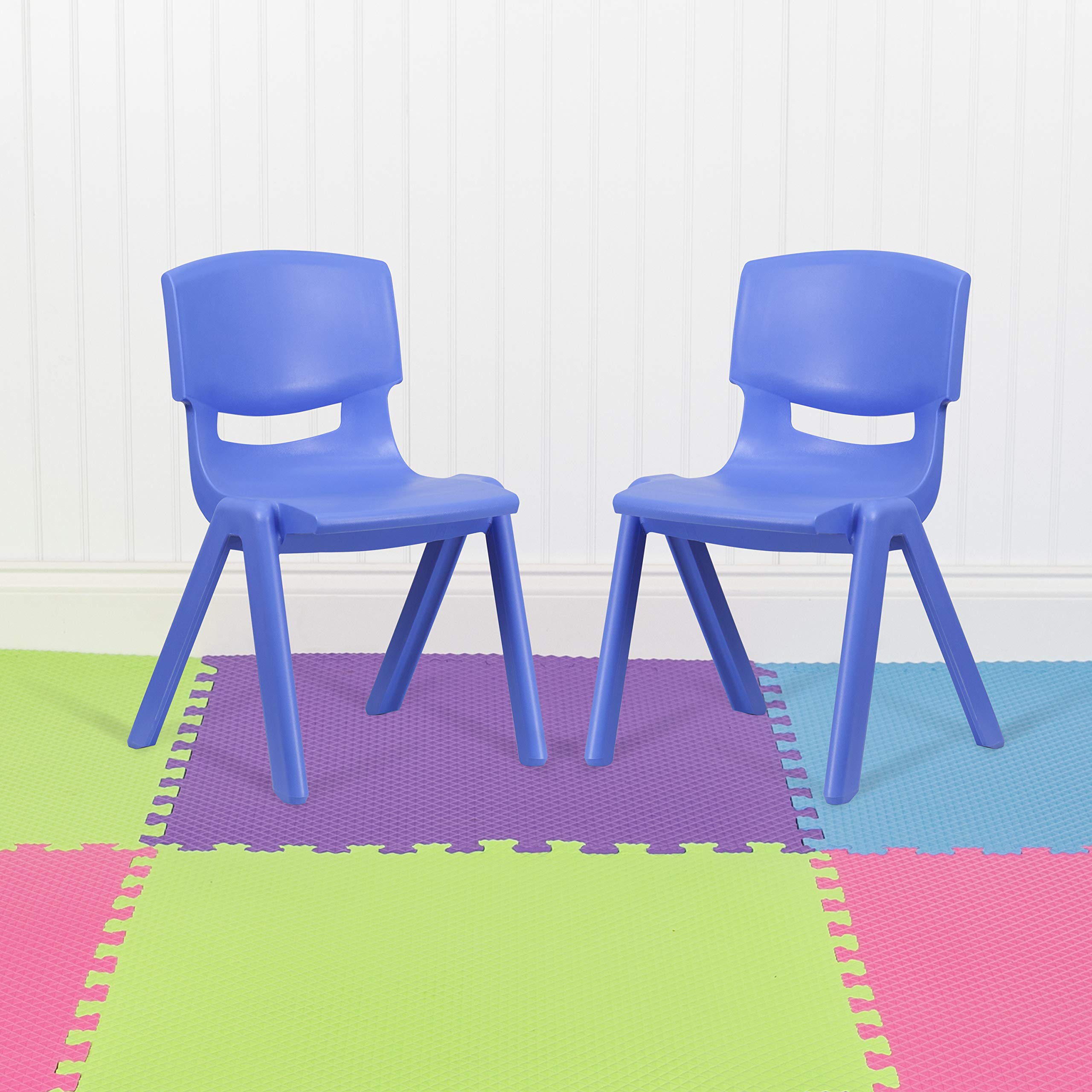 EMMA & OLIVER 2 Pack Blue Plastic Stackable School Chairs - 15.5 Inch Seat Height - Durable Kids Classroom Chairs for School, Daycare, or Home Study Desk
