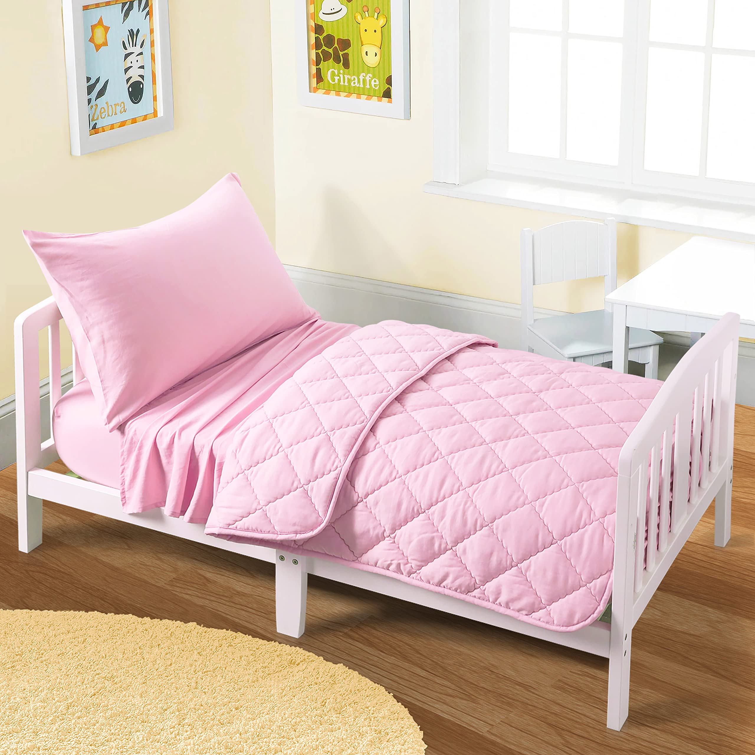 FLXXIE 4-Piece Toddler Bedding Set - Soft Breathable Microfiber Crib Sheets with Quilted Comforter, Flat Sheet, Fitted Sheet & Pillowcase for Boys & Girls (Pink) - Perfect for Nursery, Daycare & Toddler Rooms