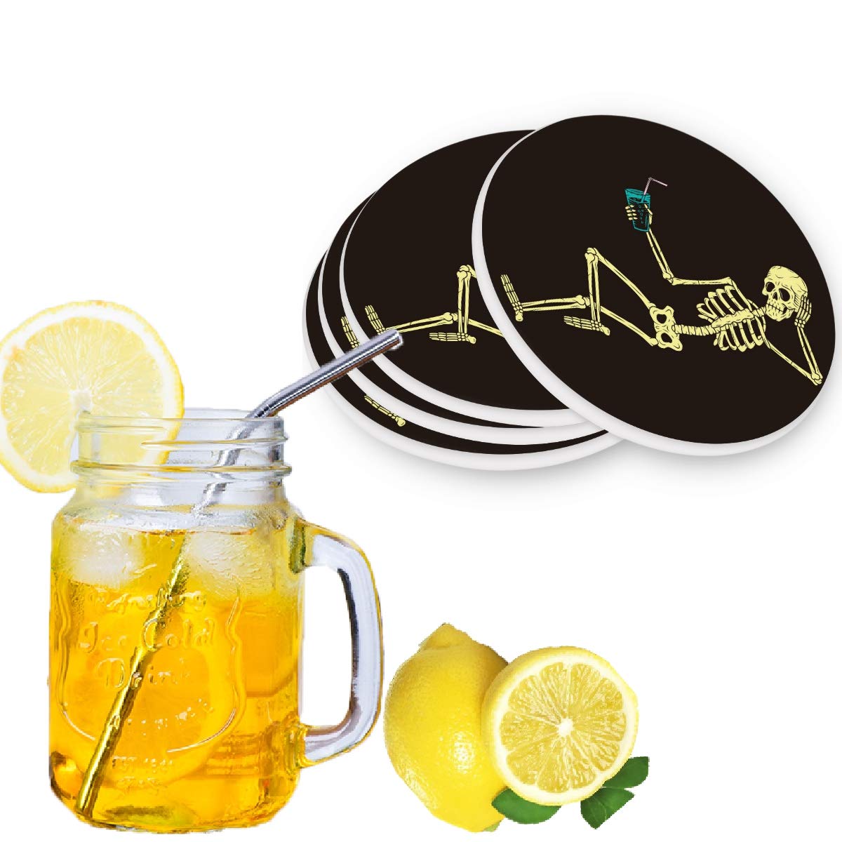 Funny Skull Ceramic Coasters - Heat-Resistant Drink Coasters with Cork Base for Cocktails, Beer & Coffee - Perfect for Halloween Parties, Home Bar Decor & Gifts