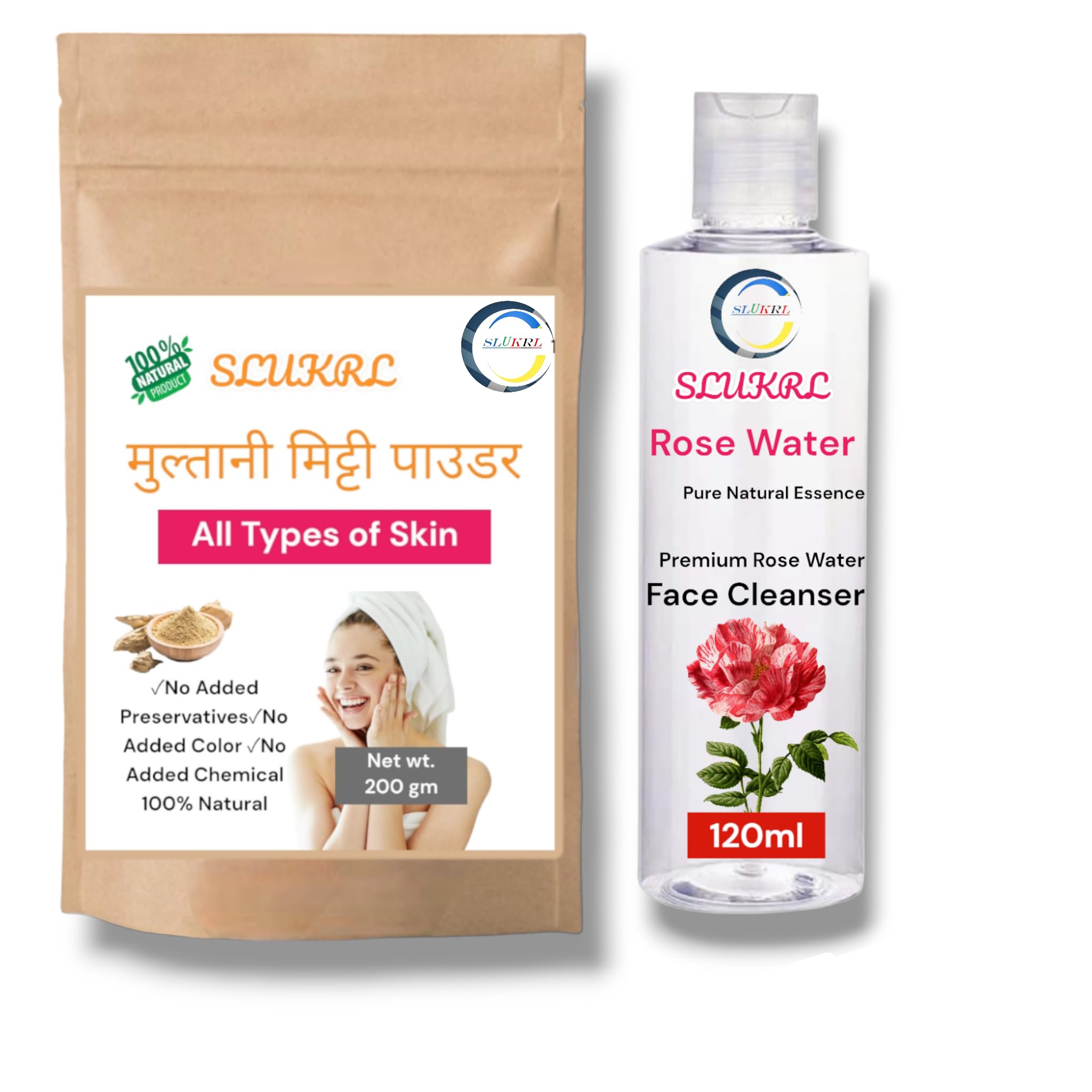 SLUKRL 100% Natural Multani Mitti Face Powder & Rose Water (Gulab Jal) Combo - 200g Clay + 120ml Pack of 2 | Chemical-Free, Ayurvedic Skincare for Glowing Skin | Perfect for Facial Masks, Acne Treatment & Daily Beauty Routine