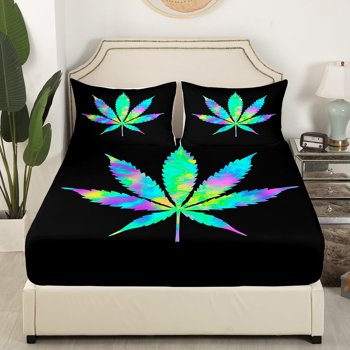 **Rainbow Cannabis Leaf Bed Sheets Set - 4 PC Full Size Tie Dye Botanical Sheets with Deep Pockets, Trippy Artwork & Weed Decor - Perfect for Stoner Aesthetic, Hippie Room Decor & Psychedelic Bedroom Themes**