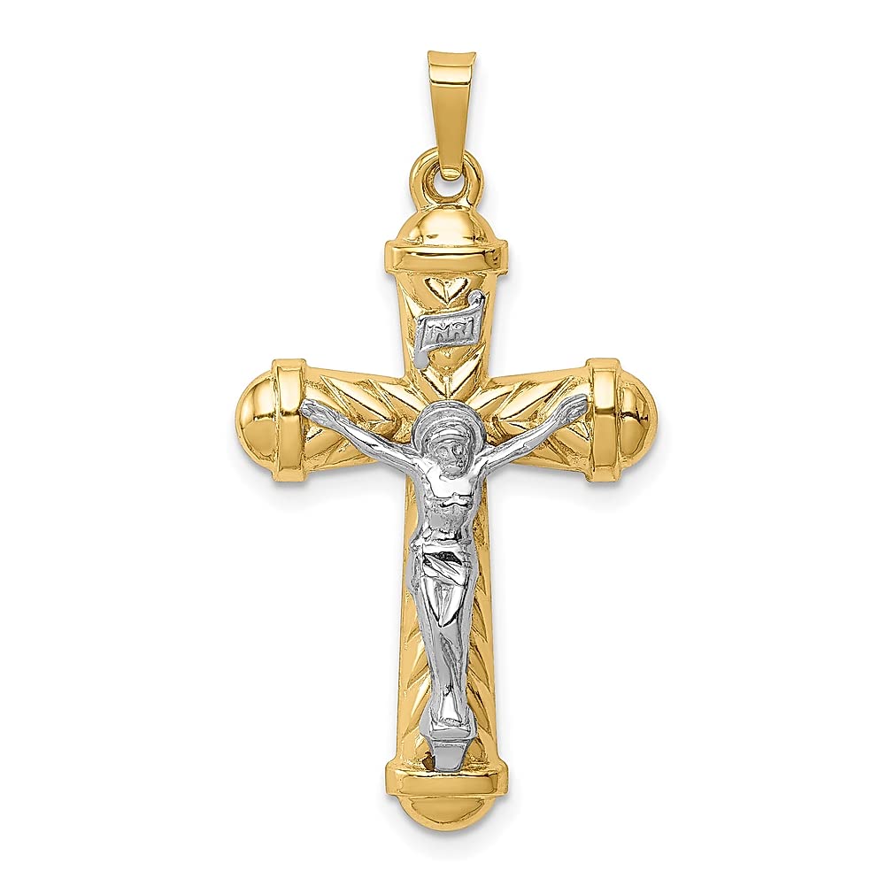 14K Two Tone Chevron Lord Jesus Christ Crucifix Holy Cross Pendant Charm - Religious Fine Jewelry for Women - Perfect Gift for Her - Ideal for Church, Weddings & Special Occasions