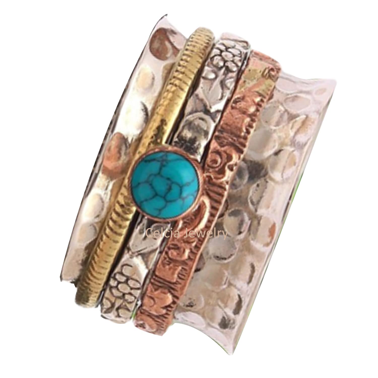 Natural Turquoise Round Gemstone Spinner Ring for Meditation & Stress Relief - Handcrafted Three-Tone Hammered Ring, December Birthstone Jewelry (US Size 7) | Perfect for Yoga, Mindfulness & Gift Giving