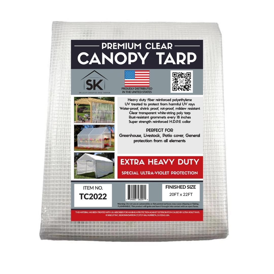 16 Mil Heavy Duty Clear Poly Tarp with Fiber Reinforcement - UV Resistant, Tear Proof, Flexible Waterproof Cover with Reinforced Corners (20x22 ft) - Perfect for Outdoor Equipment Protection, Construction Sites, and Camping Gear Cover