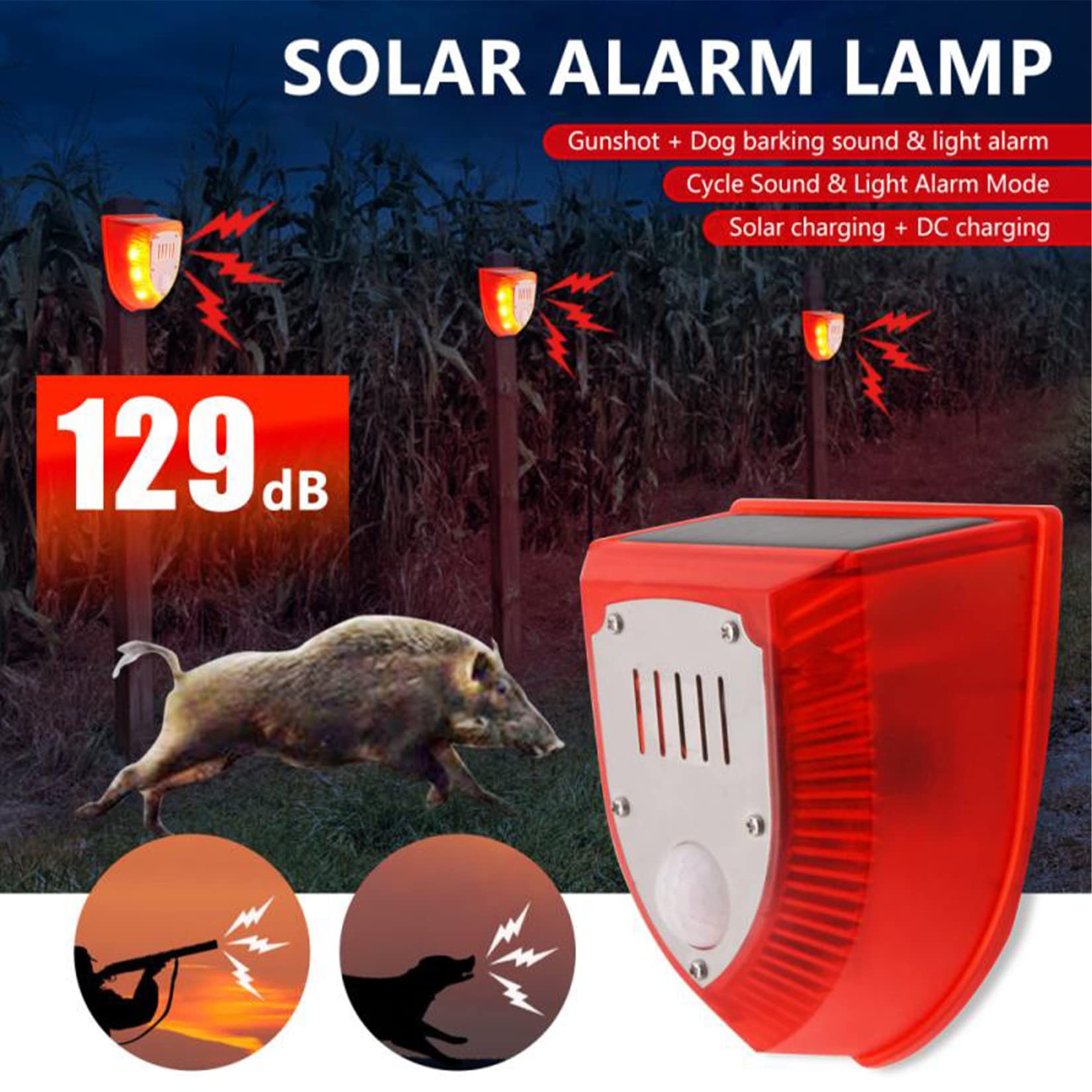 Keeda Solar Security Light Alarm - 129dB Loud Solar Strobe Light with Gunshot & Dog Barking Sounds, Waterproof PIR Motion Sensor LED for Farm, Barn, Yard (Red) - Perfect for Outdoor Home Security and Property Protection