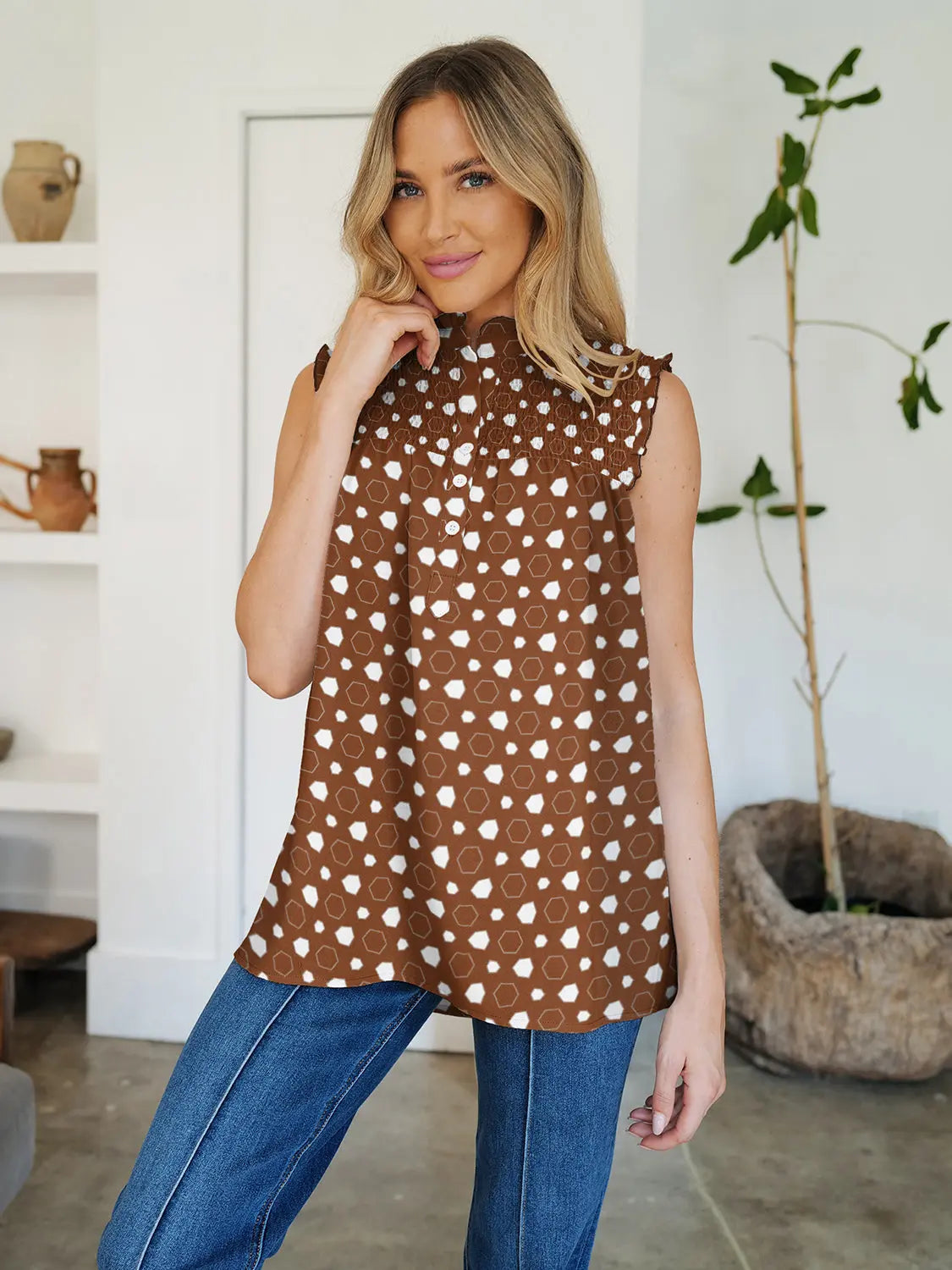 Frill Printed Mock Neck Top for Women - Stylish Blouse for Casual Wear, Office & Date Night | Trendy Floral Design & Comfortable Fit