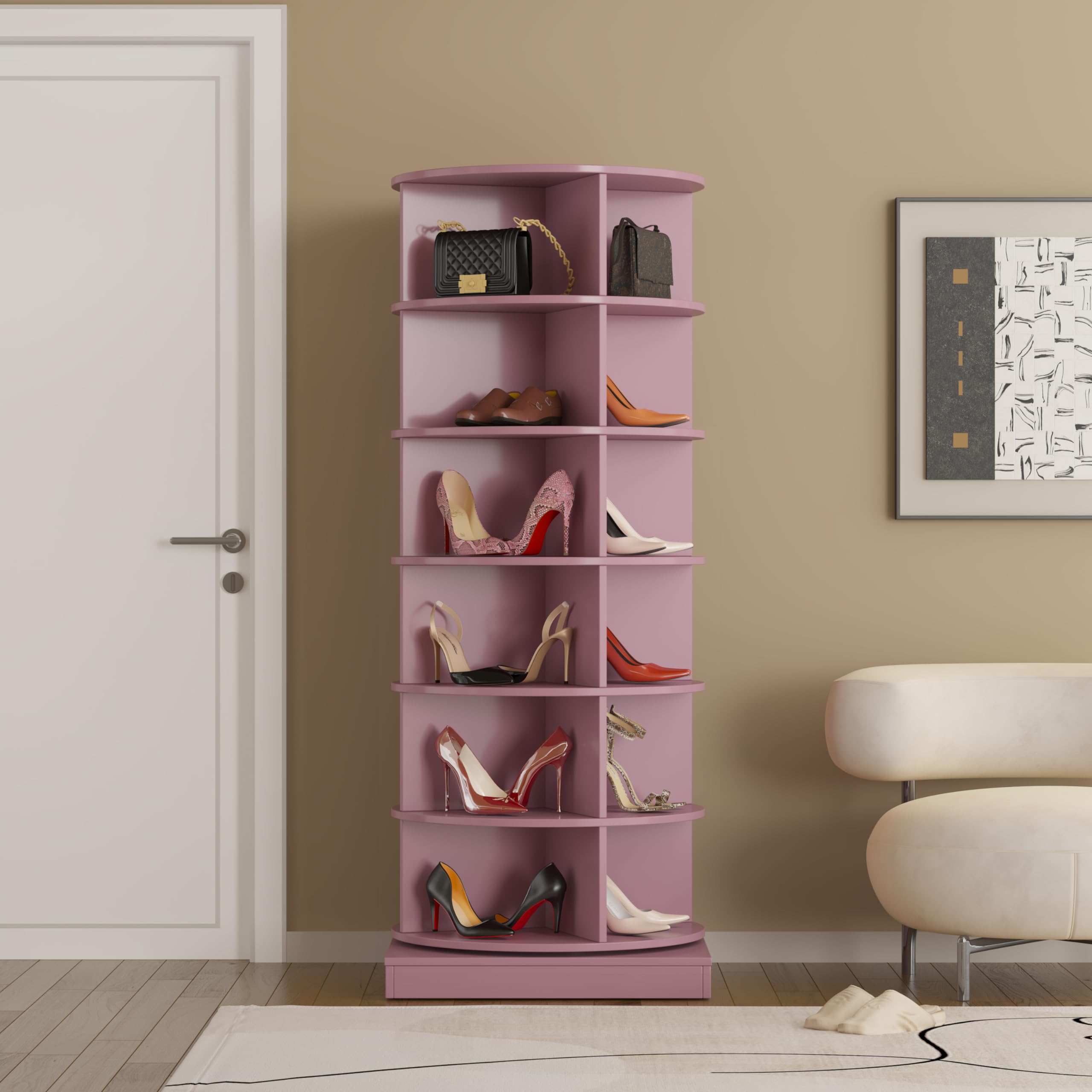 360° Rotating 6-Tier Shoe Rack Tower - Holds 24 Pairs of Shoes, Free Standing Spinning Shoe Organizer for Entryway & Hallway (Pink) - Perfect for Small Spaces, Apartments & Closet Storage