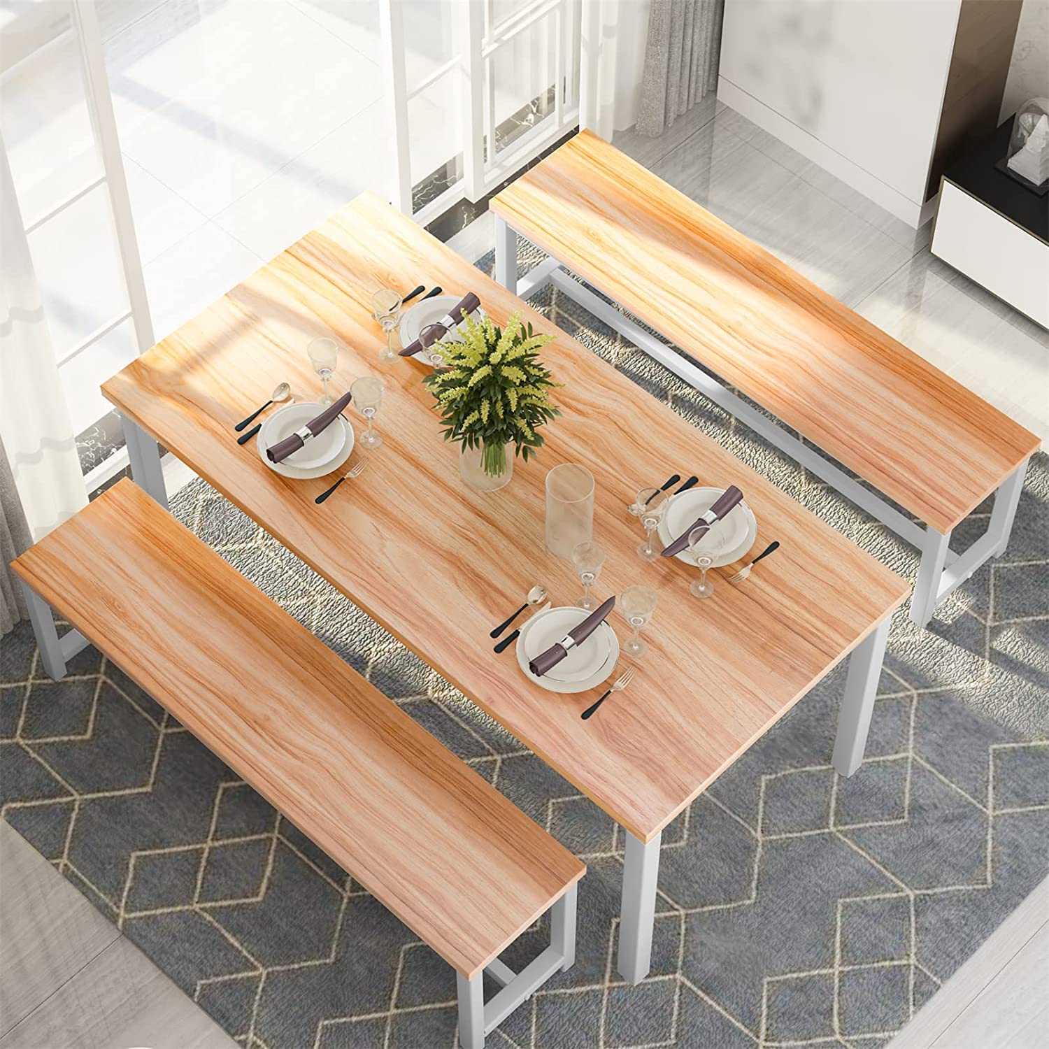 Farmhouse Dining Table Set with 2 Benches - Solid Wood Kitchen Table and Chairs for 4-6 People, Beige Breakfast Nook Set for Small Spaces | Perfect for Family Meals, Entertaining Guests & Cozy Kitchen Dining