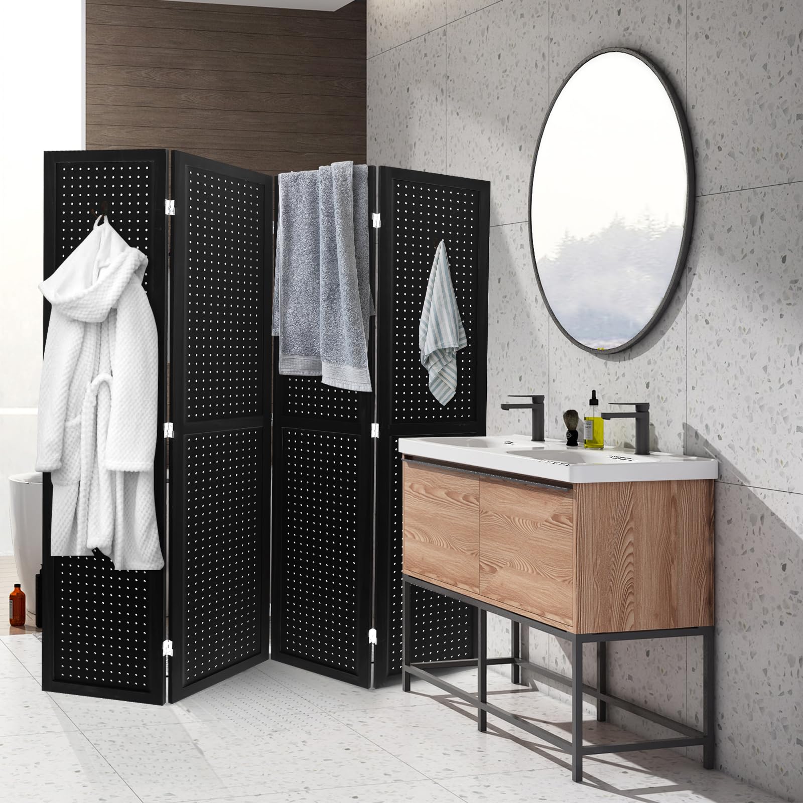 Babion 4-Panel Pegboard Display - Freestanding Folding Room Divider & Privacy Screen for Craft Shows, Trade Shows, and Retail Displays - Black (Ideal for Home Offices, Studios, and Event Booths)
